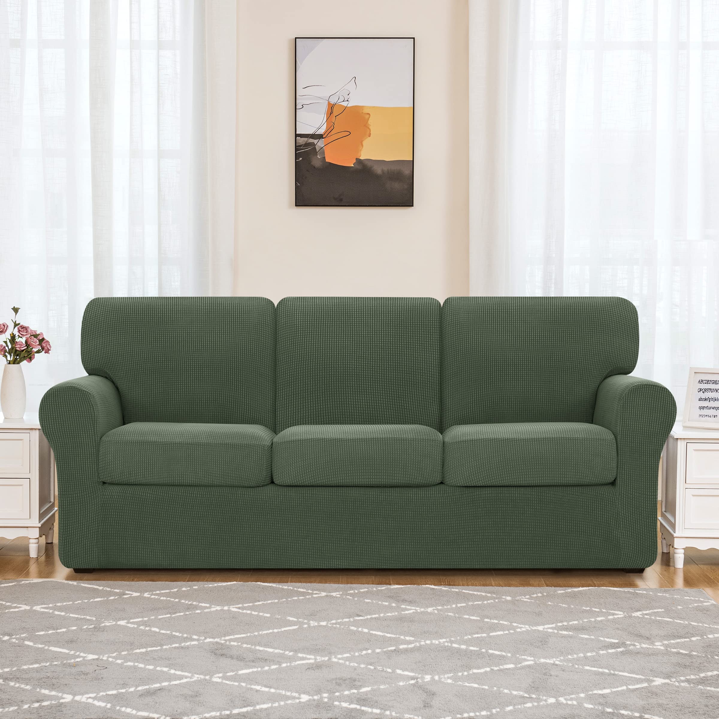 SUBRTEX 5-Piece Loveseat Cover & 7-Piece Sofa Cover Set - Stretch Couch Slipcover with Separate Backrest & Cushion Covers - Perfect for Living Room Furniture Protection (Medium/Large, Olive Drab) - Ideal for Pet Owners, Kids & Home Decor Refresh