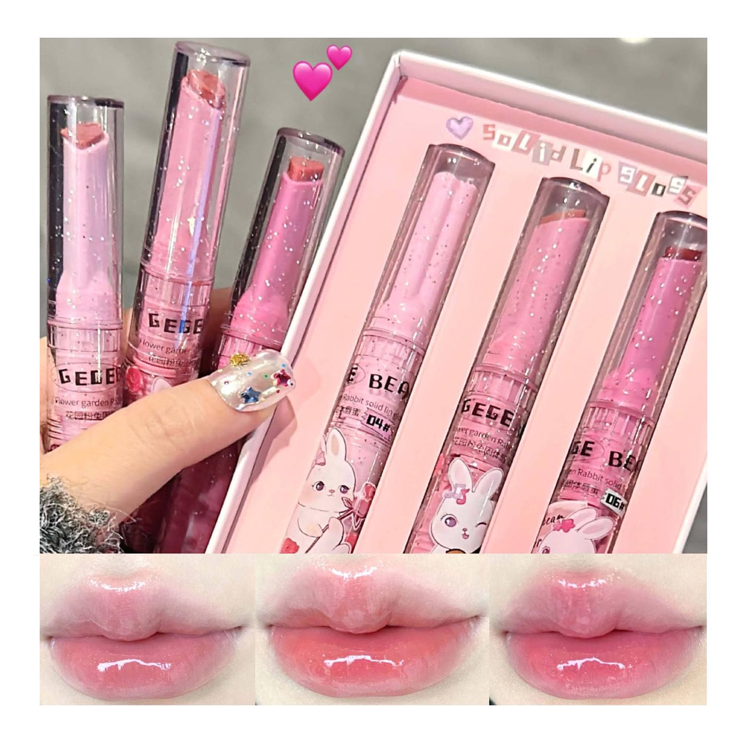 3 Colors Hydrating Jelly Lipstick - Long Lasting Moisturizing Tinted Lip Glaze, Non-Sticky Vivid Lip Stain with Heart Mirror, Glossy Lip Makeup for Day & Night Wear (Set A, Large Size) | Perfect for Parties, Dates & Everyday Glam