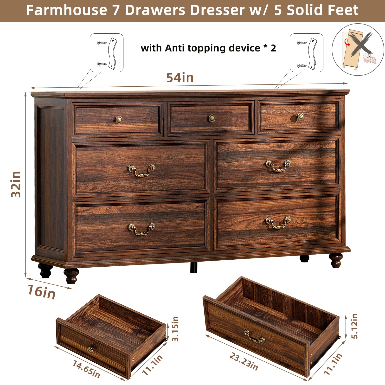 Farmhouse Dresser and Nightstand Set - 3 Piece Bedroom Furniture with 7-Drawer Dresser (54