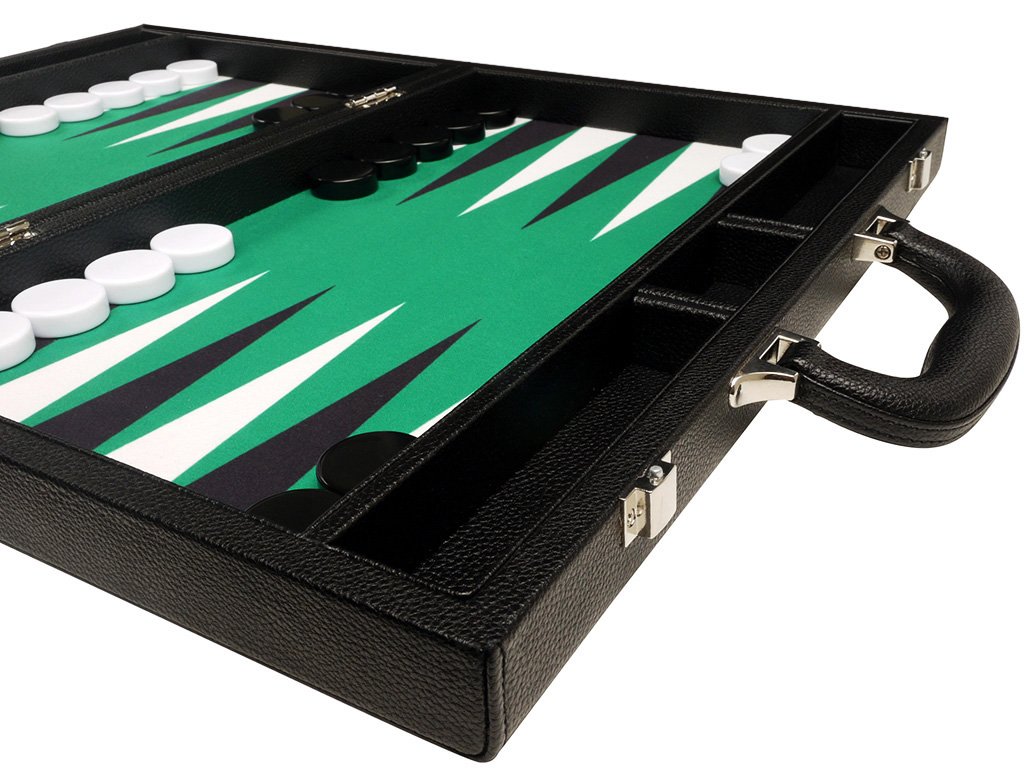Premium 16-inch Backgammon Set - Medium Size with Black Board & Green Playing Surface - Classic White and Black Points - Perfect for Family Game Nights, Travel, and Casino-Style Entertainment