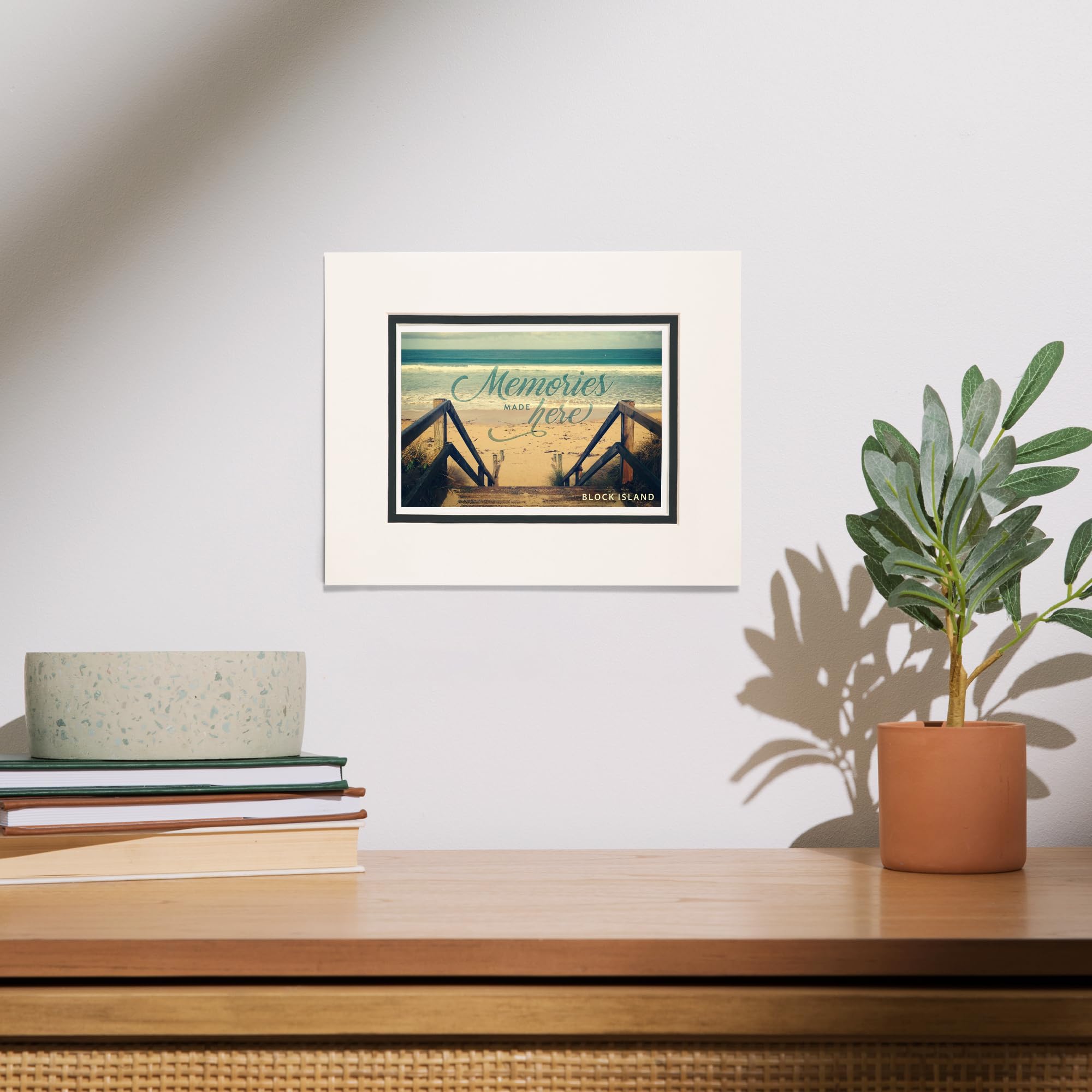 Lantern Press 8x10 Inch Matted Art Print - Block Island Rhode Island Coastal Wall Decor - Sandy Stairs Beach Landscape Painting - Perfect for Living Room, Bedroom or Office Decor
