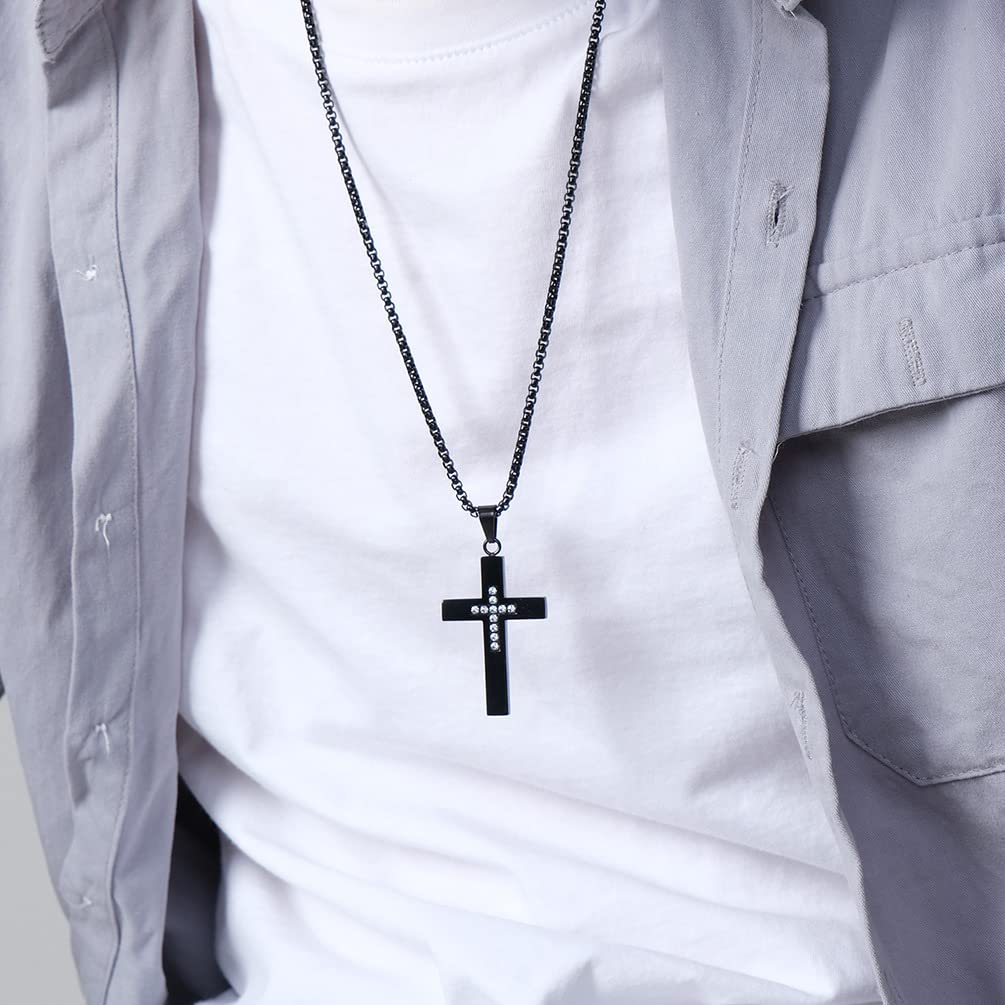 SHNIAN Black Cubic Zircon Cross Pendant Necklace for Men & Women - Religious Jewelry Gift
