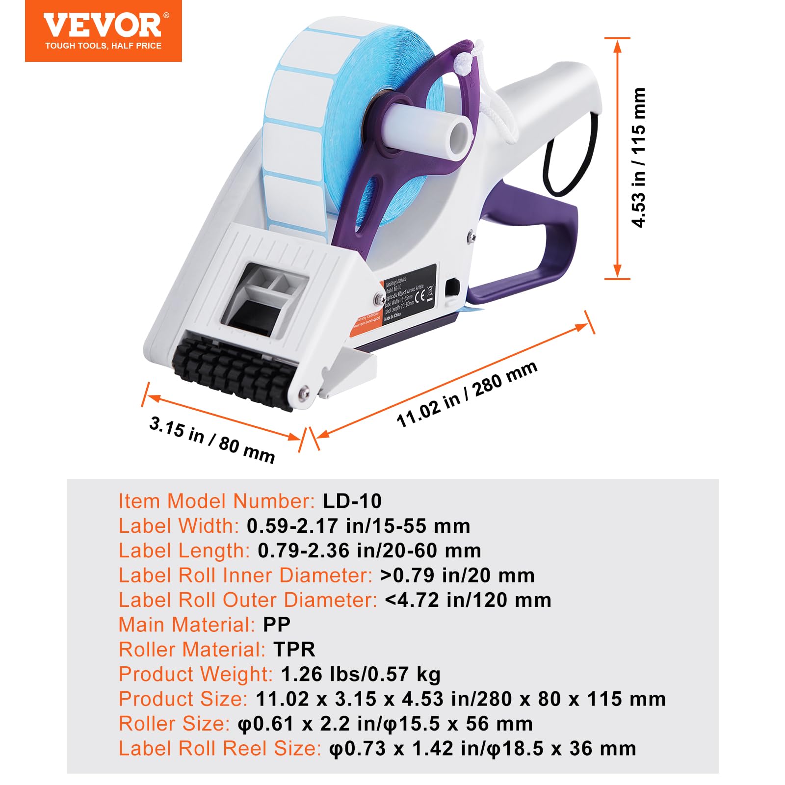 VEVOR Handheld Label Applicator Machine - Adjustable 0.59-2.17