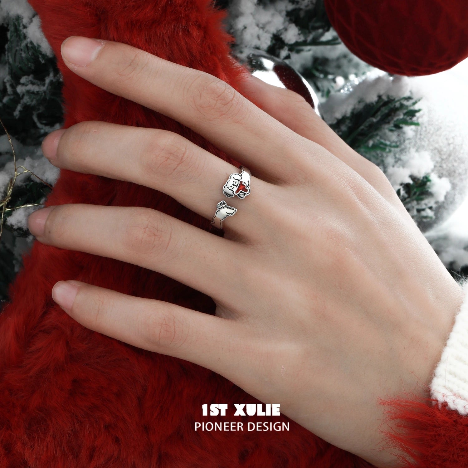 2024 Christmas Graffiti Puppy S925 Sterling Silver Adjustable Open End Ring - Perfect Holiday Gift for Dog Lovers, Christmas Party & Festive Jewelry Collection