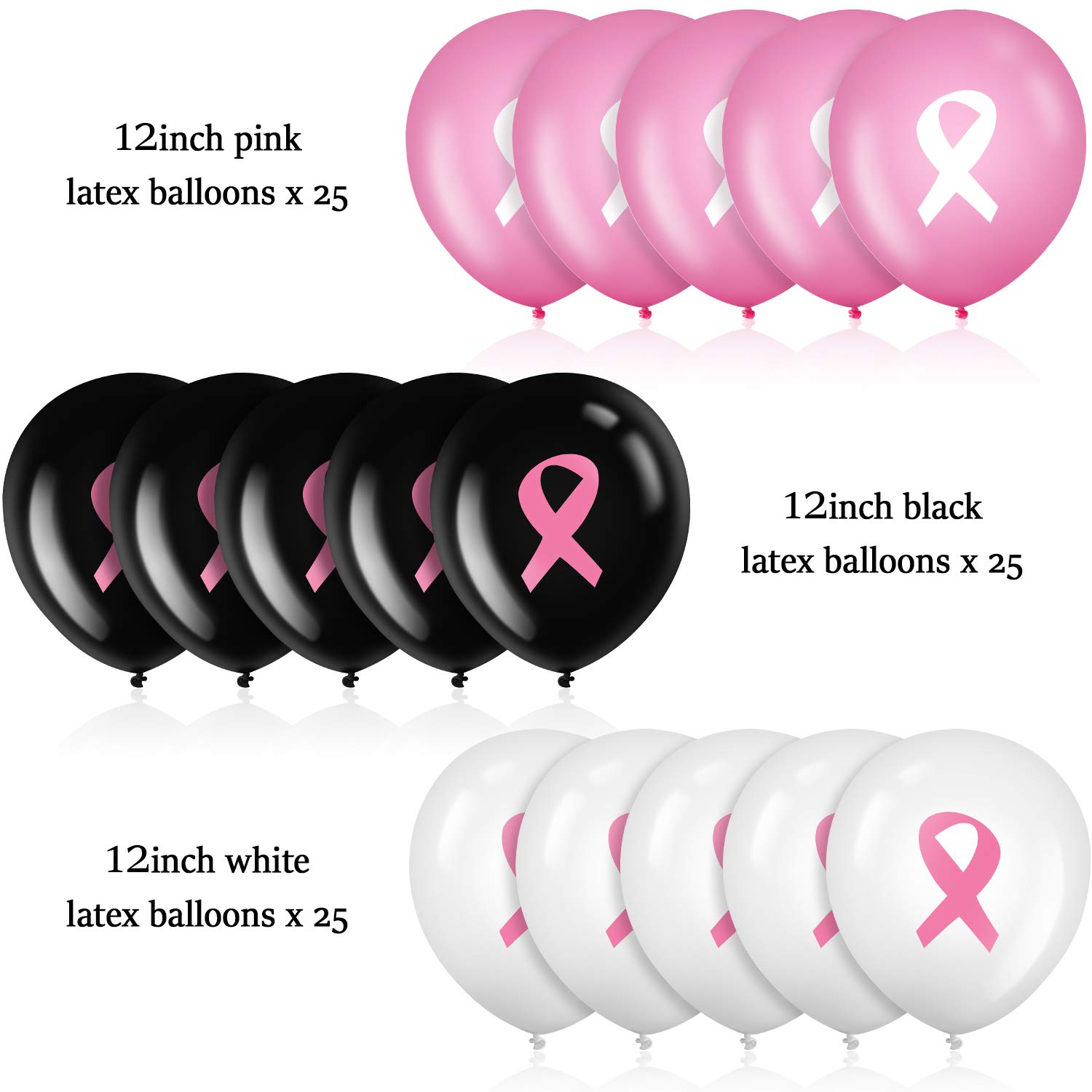 75-Piece Pink Ribbon Breast Cancer Awareness Balloons Set - 12 Inch Latex Balloons for Fundraising Events, Charity Parties, Survivor Celebrations & Awareness Campaigns (Pink, White, Black) - Perfect for Decorations, Memorials & Support Gatherings
