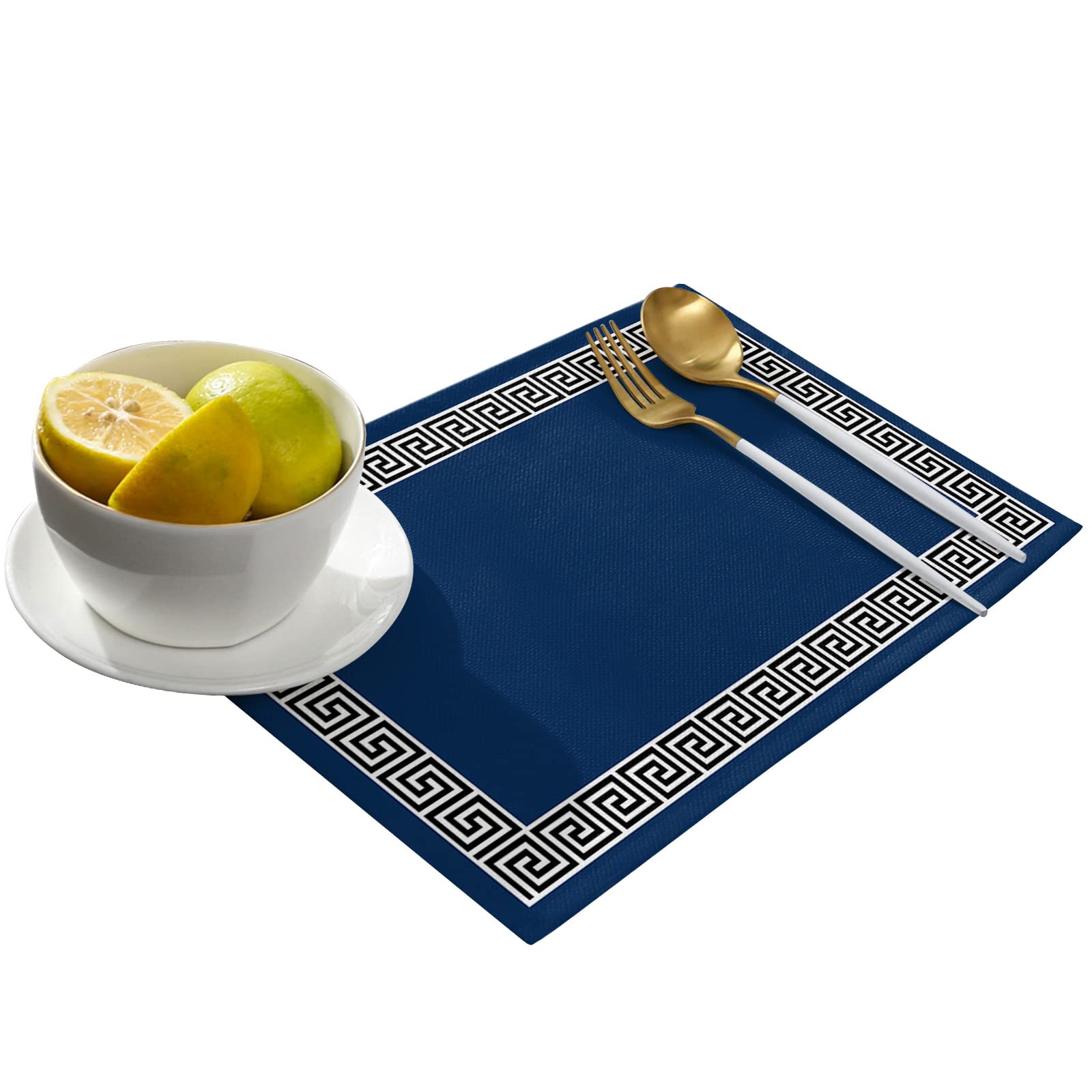 Modern Geometric Greek Key Design Placemats - Set of 4 Navy Blue Washable Table Mats for Dining Room, Kitchen Decor, and Dinner Table Settings