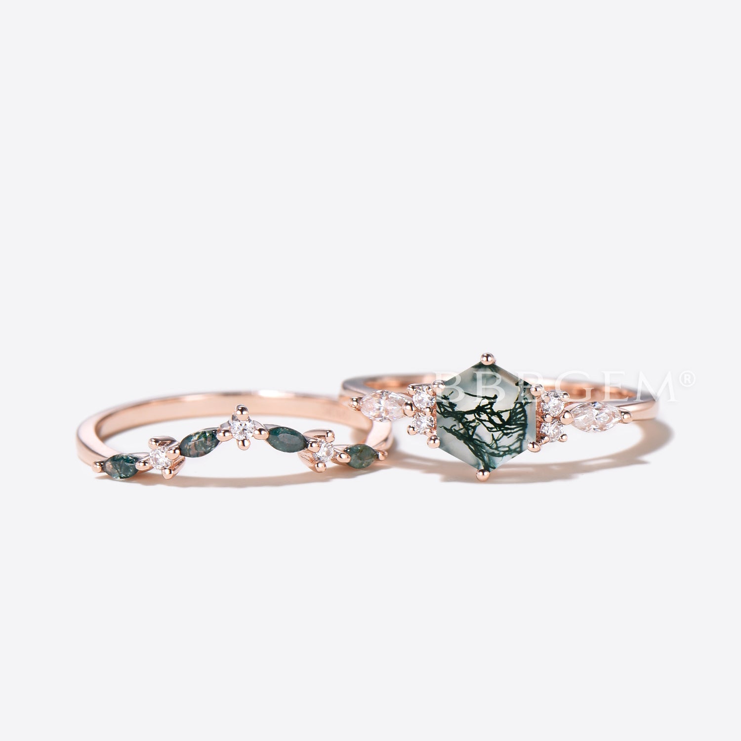 Hexagon Natural Moss Agate Engagement Ring - Vintage Art Deco Style Wedding Band Set for Women - Perfect for Bridal Jewelry, Anniversary Gifts & Proposal