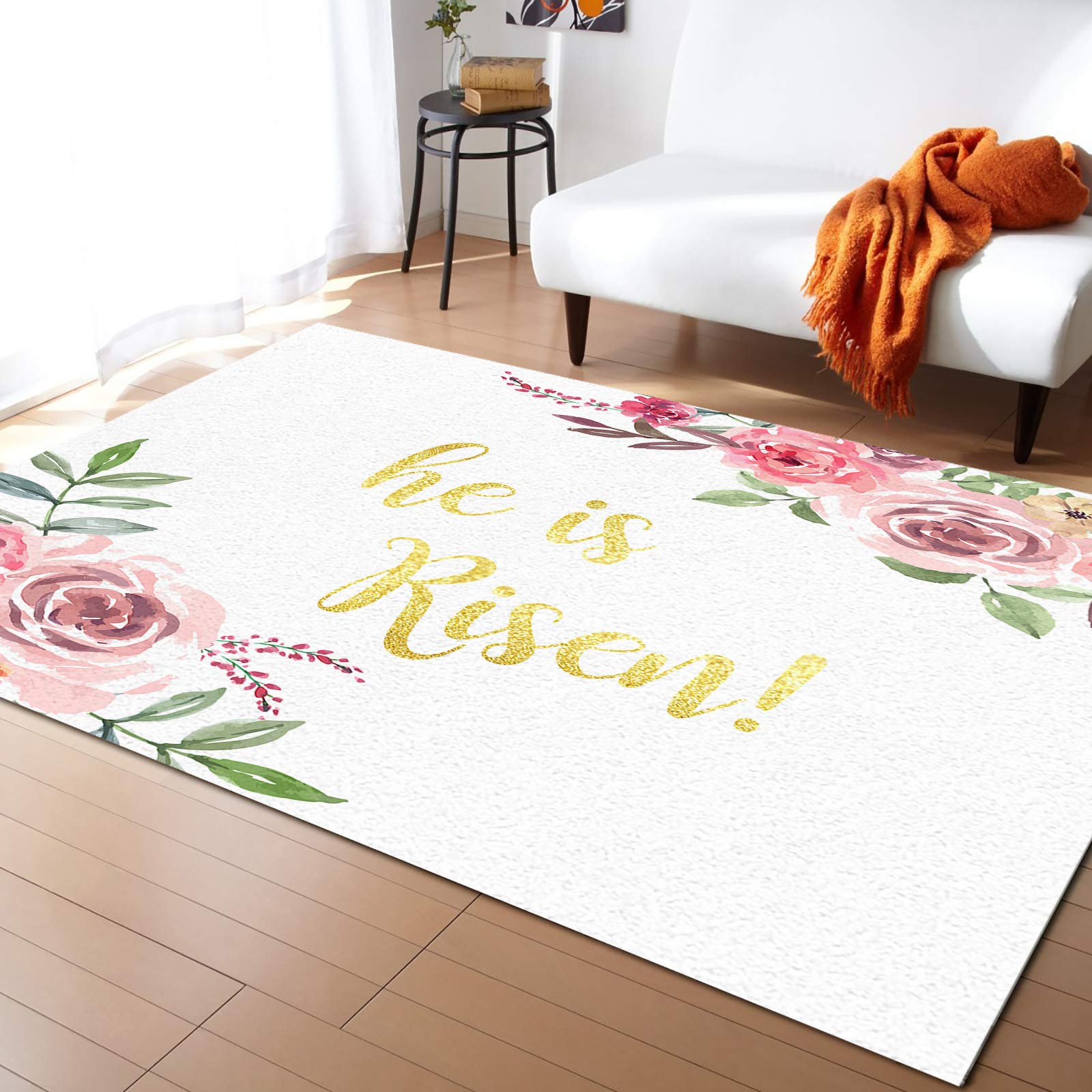 He is Risen Easter Spring Flowers Non-Slip Accent Rug 5'x7' - Colorful Indoor/Outdoor Decorative Carpet for Bedroom, Living Room, Nursery, Front Door - Perfect for Kids' Rooms, Easter Decor & Home Styling