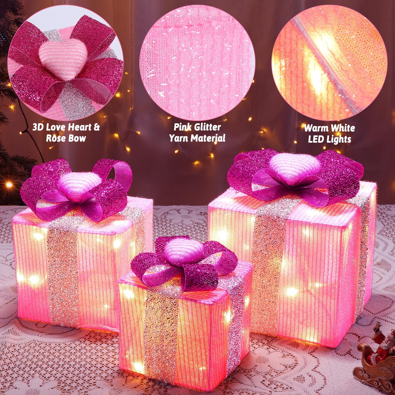 Areker 3-Piece LED Lighted Gift Box Set with Timer - Battery Operated Christmas & Valentine's Day Decorations (60 Pink Heart Lights) for Indoor & Outdoor Use - Perfect for Holiday Parties, Home Decor, and Romantic Gifts