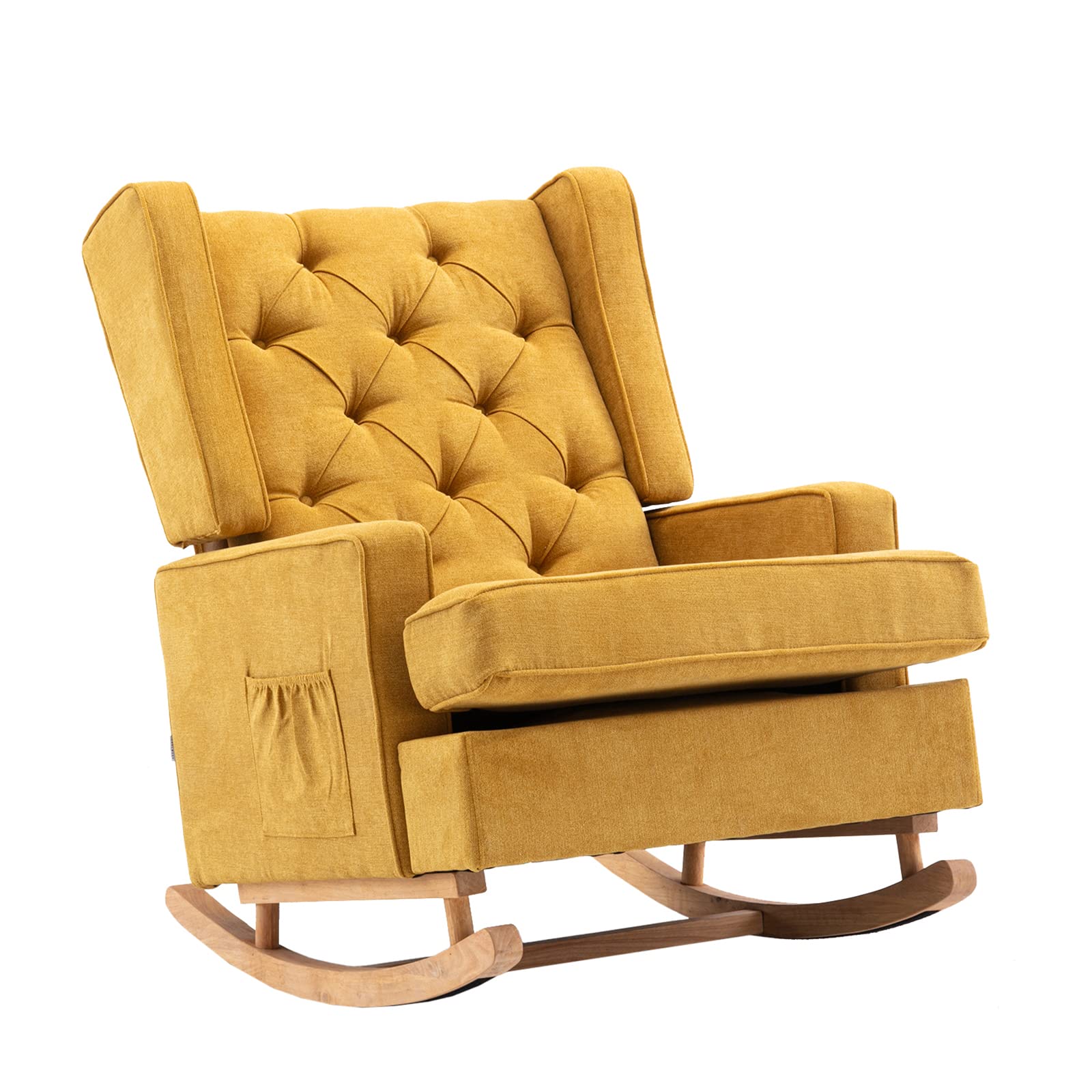 Mid-Century Modern Solid Wood Rocking Chair - Upholstered Nursery Glider with Comfortable Cushion for Living Room, Bedroom, Office & Study - Perfect for Relaxing, Nursing & Reading (Mustard Yellow)