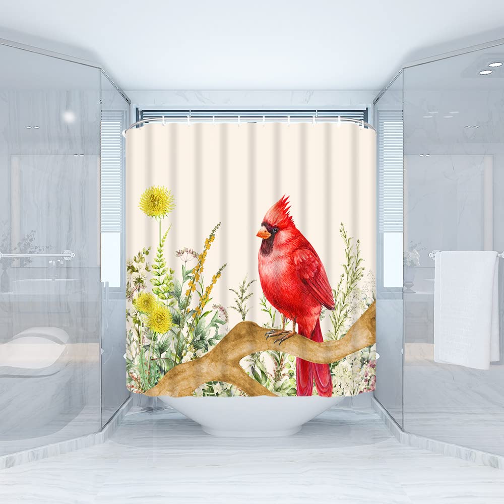 Christmas RV Shower Curtain - Red Cardinal & Winter Branches Nature Scenery Bathroom Decor with Hooks | Perfect for Holiday RV, Camper, Tiny Home & Small Stall Bathrooms (Christmas Gift Idea)