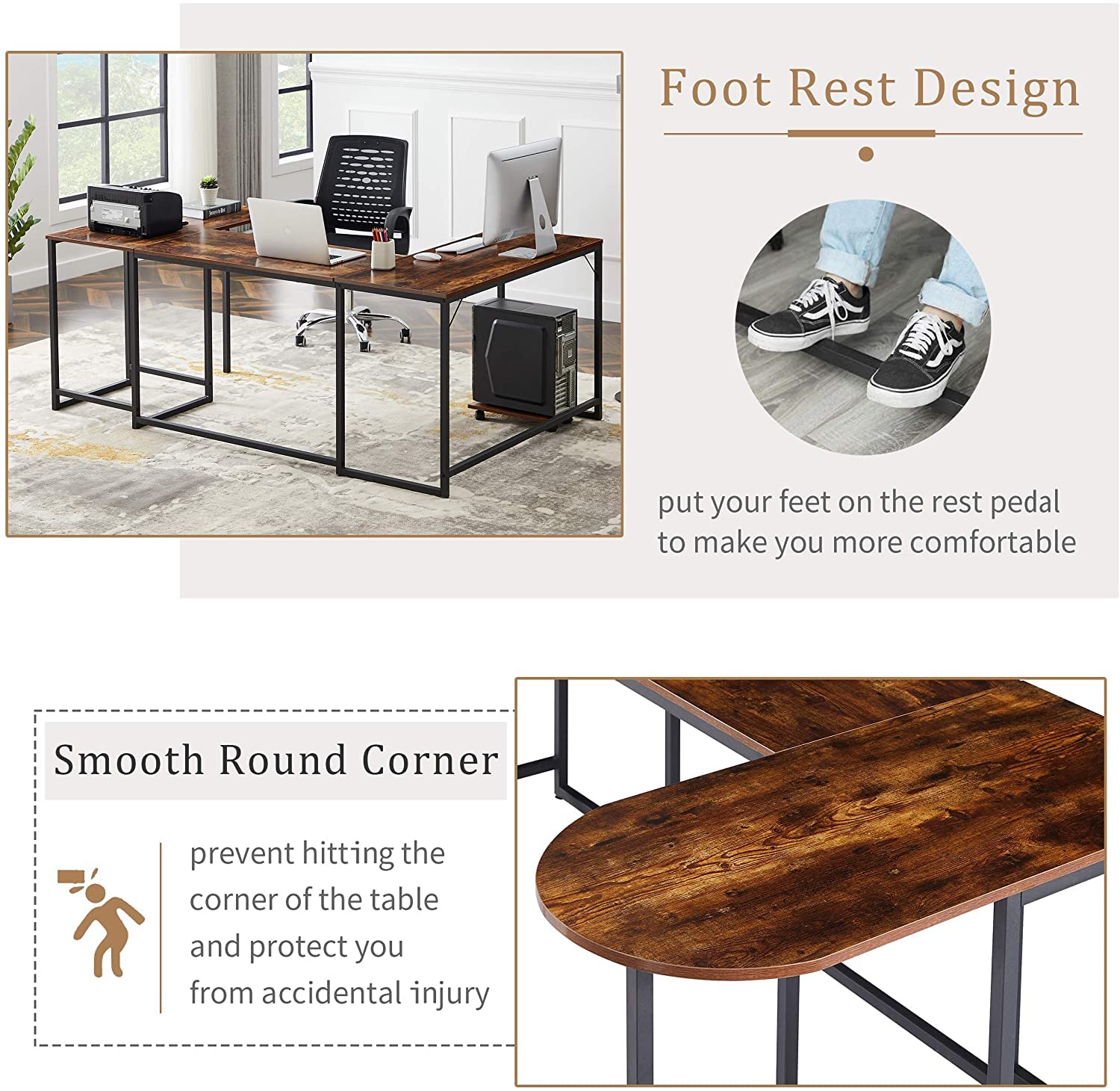 Ergonomic U-Shaped Computer Desk with CPU Stand - 78.7