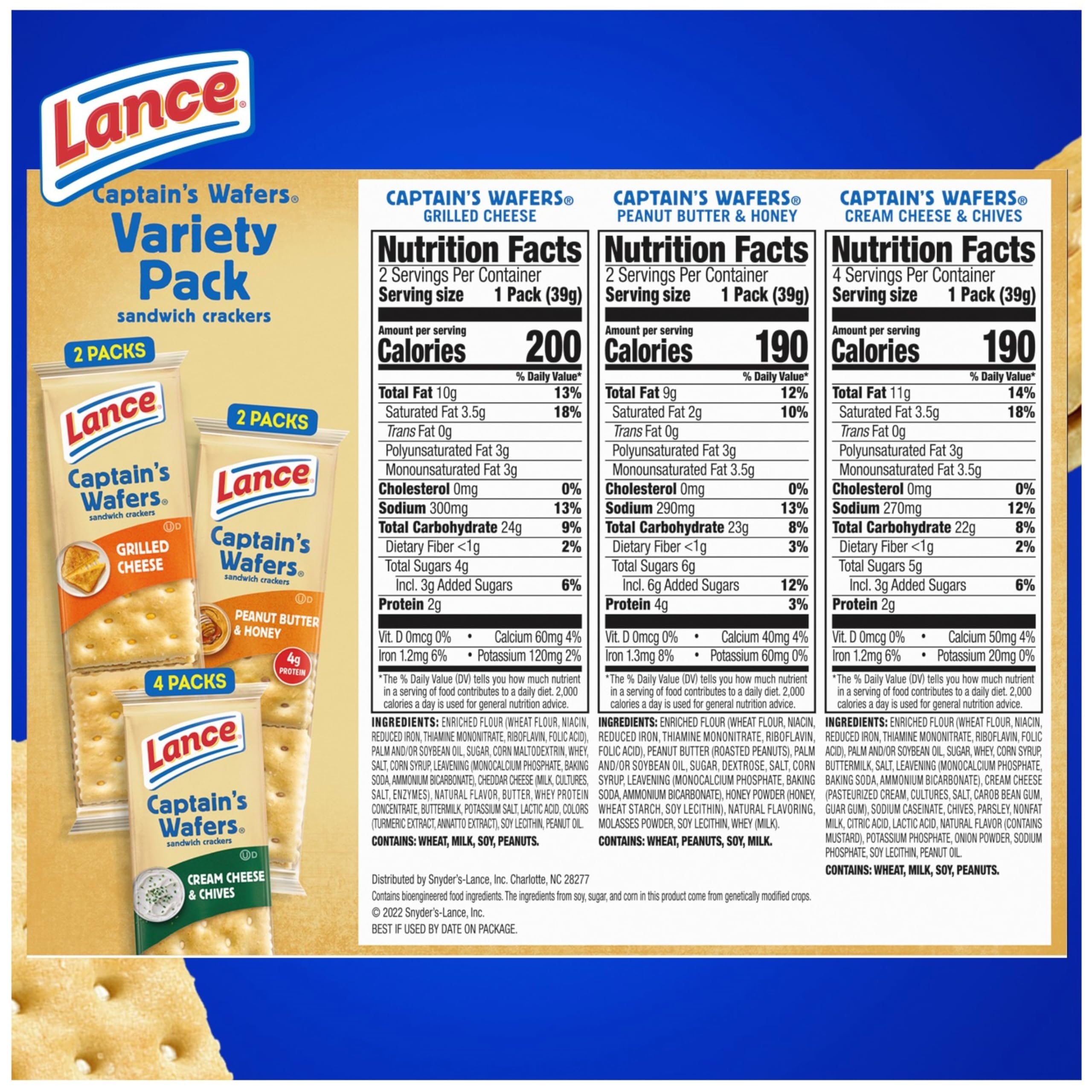 Lance Sandwich Crackers Variety Pack - Captain's Wafers, 8 Individual Packs (6 Sandwiches Each) | Perfect for Lunch Boxes, Office Snacks & Road Trips