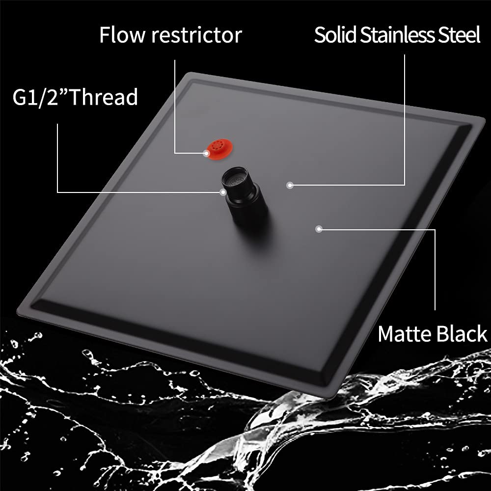 CASROCK 16 Inch Large Black Square Rain Shower Head - Premium Ultra Thin 304 Stainless Steel Ceiling Mount - High Pressure Waterfall Shower Head for Luxurious Spa-like Bathroom Experience (Modern Bathroom Upgrade for Relaxation & Water Conservation)