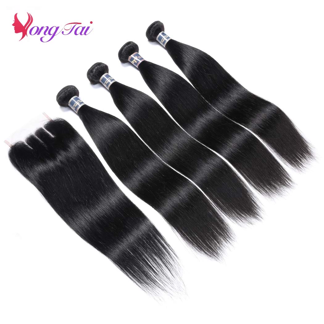 9A Virgin Straight Human Hair Bundles with 3 Part Lace Closure - Unprocessed Malaysian Hair Weave (24