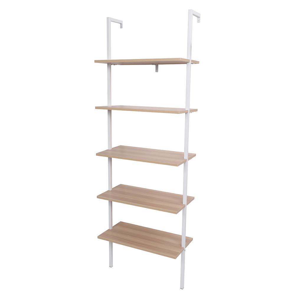 5-Tier Industrial Ladder Shelf - Wall Mounted Bookcase & Display Storage Rack with Metal Frame for Plants, Books & Home Decor - Perfect for Living Room, Kitchen, Office & Small Spaces (Walnut Finish)