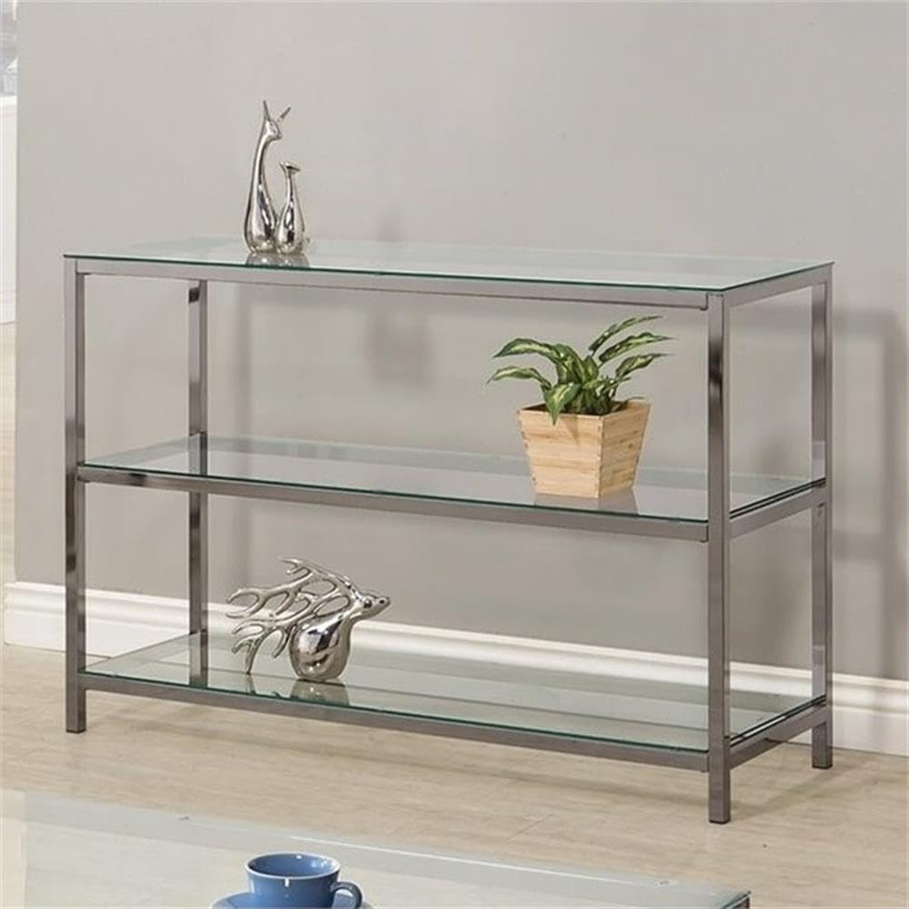 2 Shelf Glass Console Table in Black Nickel - Modern Entryway, Living Room & Hallway Decor for Stylish Home Organization
