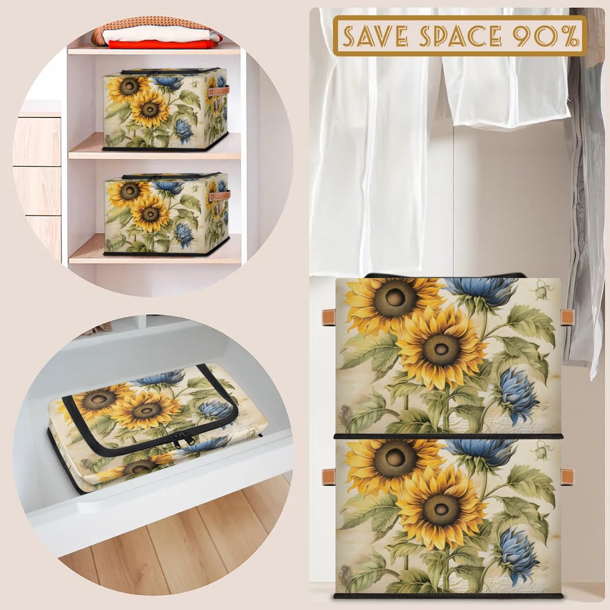 Collapsible Stackable Fabric Storage Bins with Lids - Sunflower Floral Design Closet Organizer for Clothes, Toys, Blankets & Home Organization | Perfect for Bedroom, Nursery, Playroom & Dorm Storage