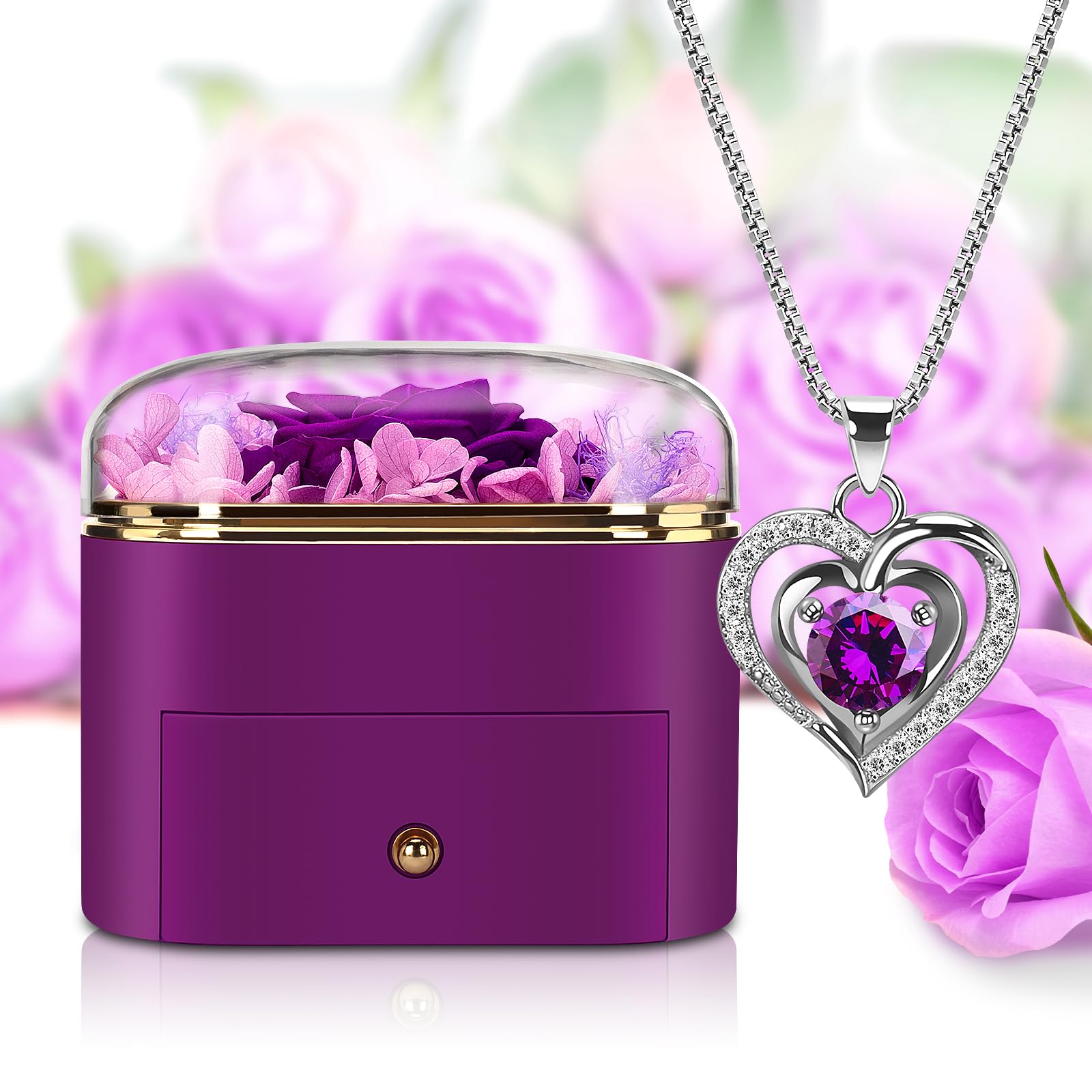Real Preserved Rose with Heart Necklace - Romantic Eternal Flower Gift for Women, Girlfriend, Wife, Mom, Grandma - Birthday, Anniversary, Christmas Present - Perfect for Special Occasions & Keepsakes (Purple)