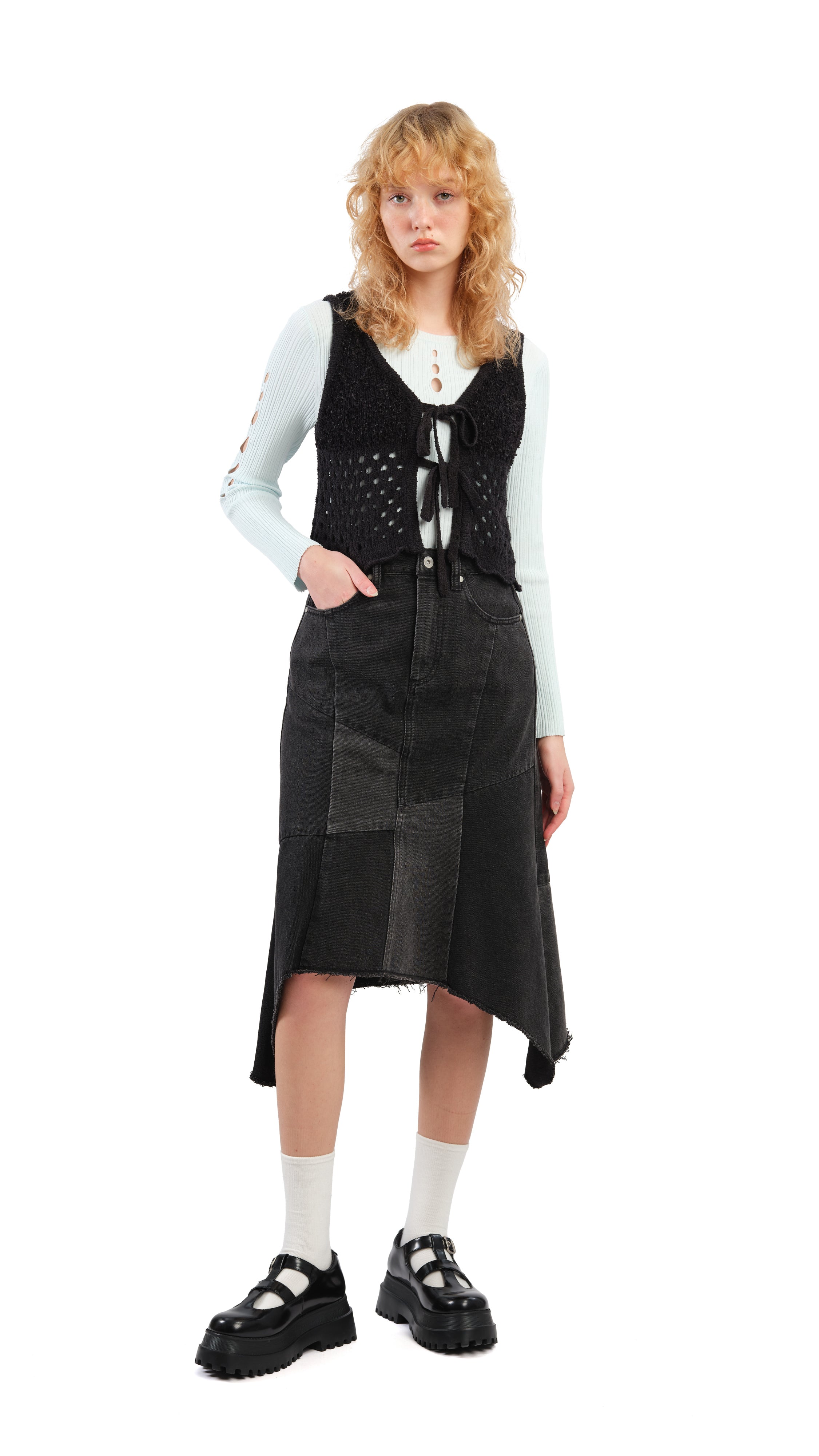 Vintage Rebuilt Denim Fishtail Skirt for Women - Distressed High Waist A-Line Denim Skirt with Asymmetrical Hem | Perfect for Boho Outfits, Casual Wear & Street Style Fashion