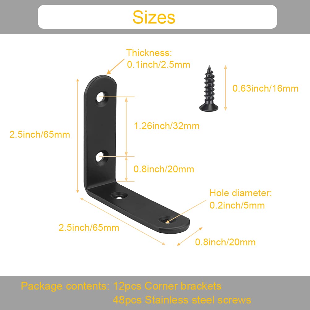 12-Pack Heavy Duty Stainless Steel L Brackets (2.5 Inch) - Black Corner Braces for Shelves, Wood Furniture & Wall Mounting - 90 Degree Right Angle Brackets with Screws - Perfect for Home Organization, DIY Projects & Cabinet Reinforcement