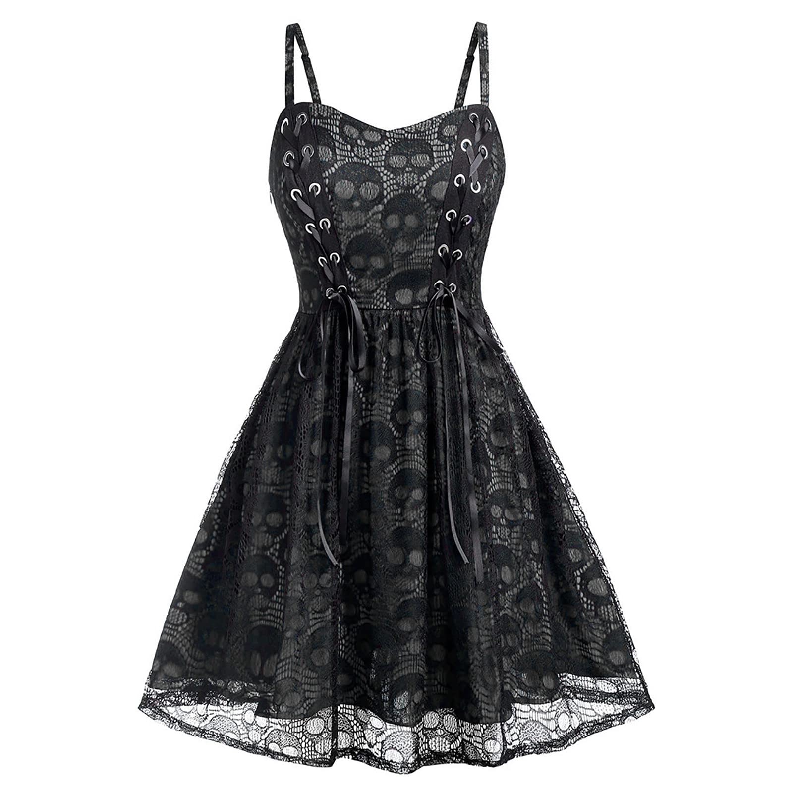 Gothic Punk Mini Dress for Women - Sleeveless Skull Print Lace Mesh Party Dress | Halloween, Cosplay, Nightclub & Gothic Fashion Outfits