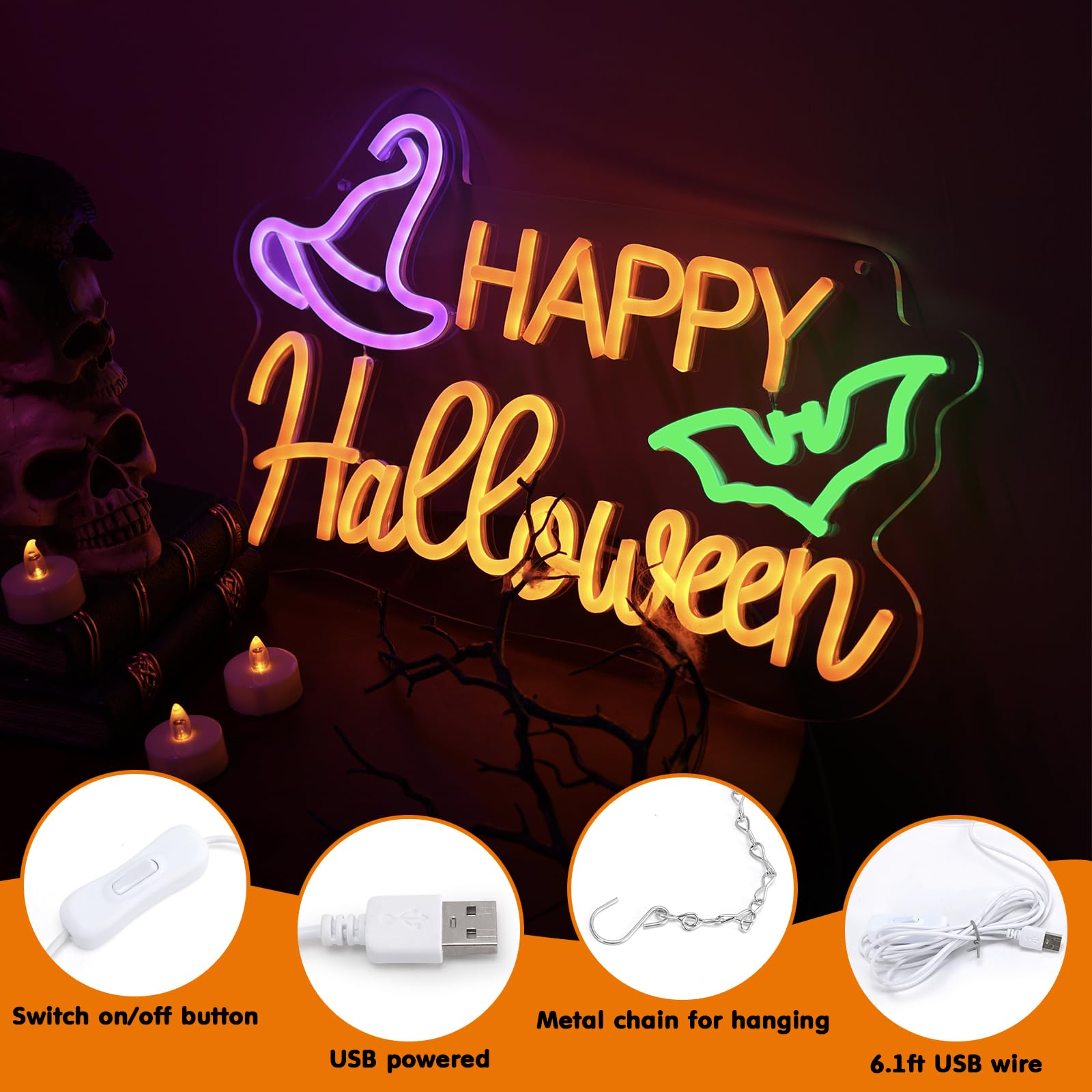 Happy Halloween LED Neon Sign - USB Powered Wall Decor for Bedroom, Living Room, Bar & Office - Spooky Party Lighting for Halloween Decorations & Holiday Gifts - Perfect for Home, Events & Themed Parties