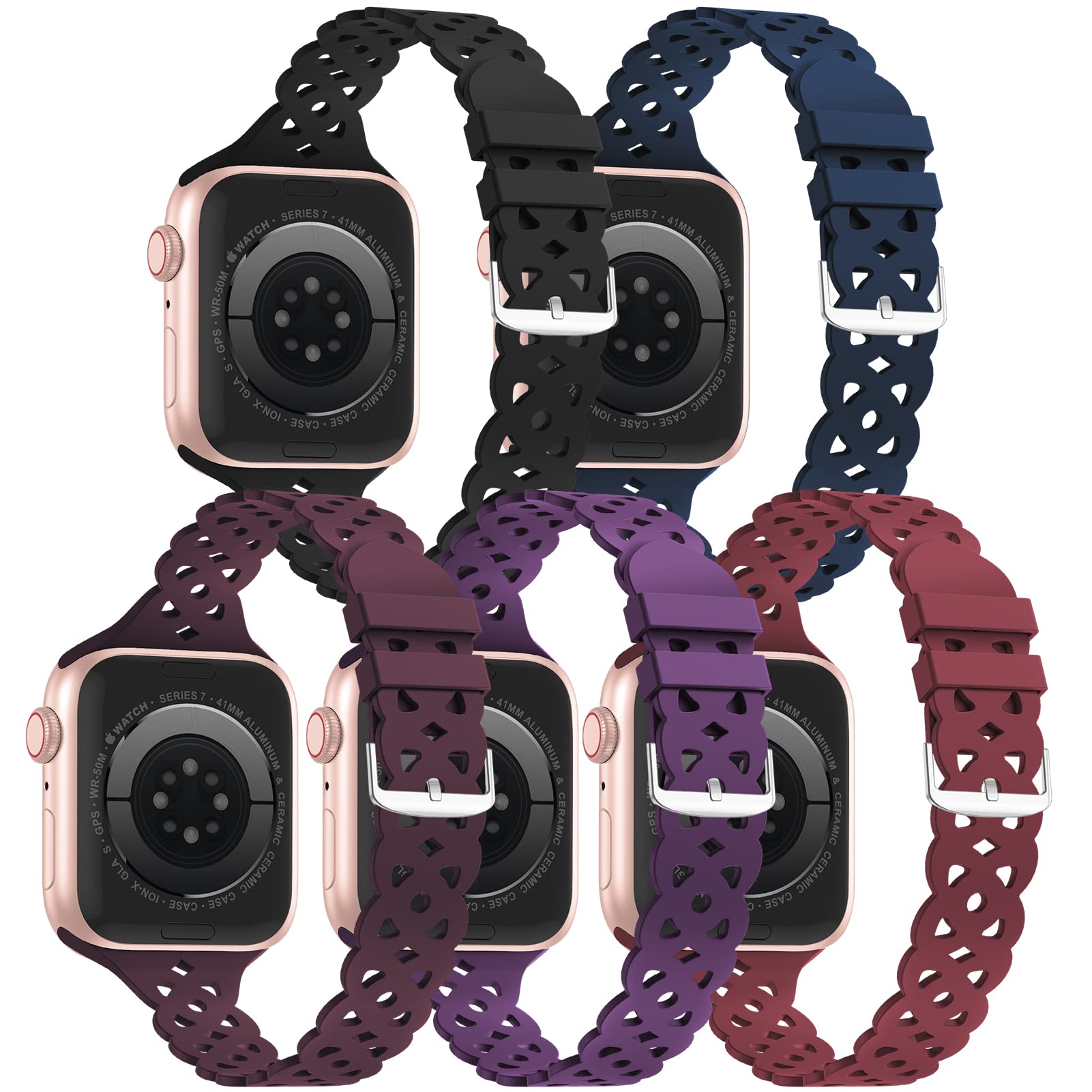 5 Pack Lace Silicone Bands for Apple Watch 38mm 40mm 41mm 42mm 44mm 45mm 49mm - Slim Breathable Sport Replacement Wristbands Compatible with iWatch Series 8/7/6/5/4/3/2/1/SE/Ultra - Perfect for Women's Workout, Running & Daily Wear