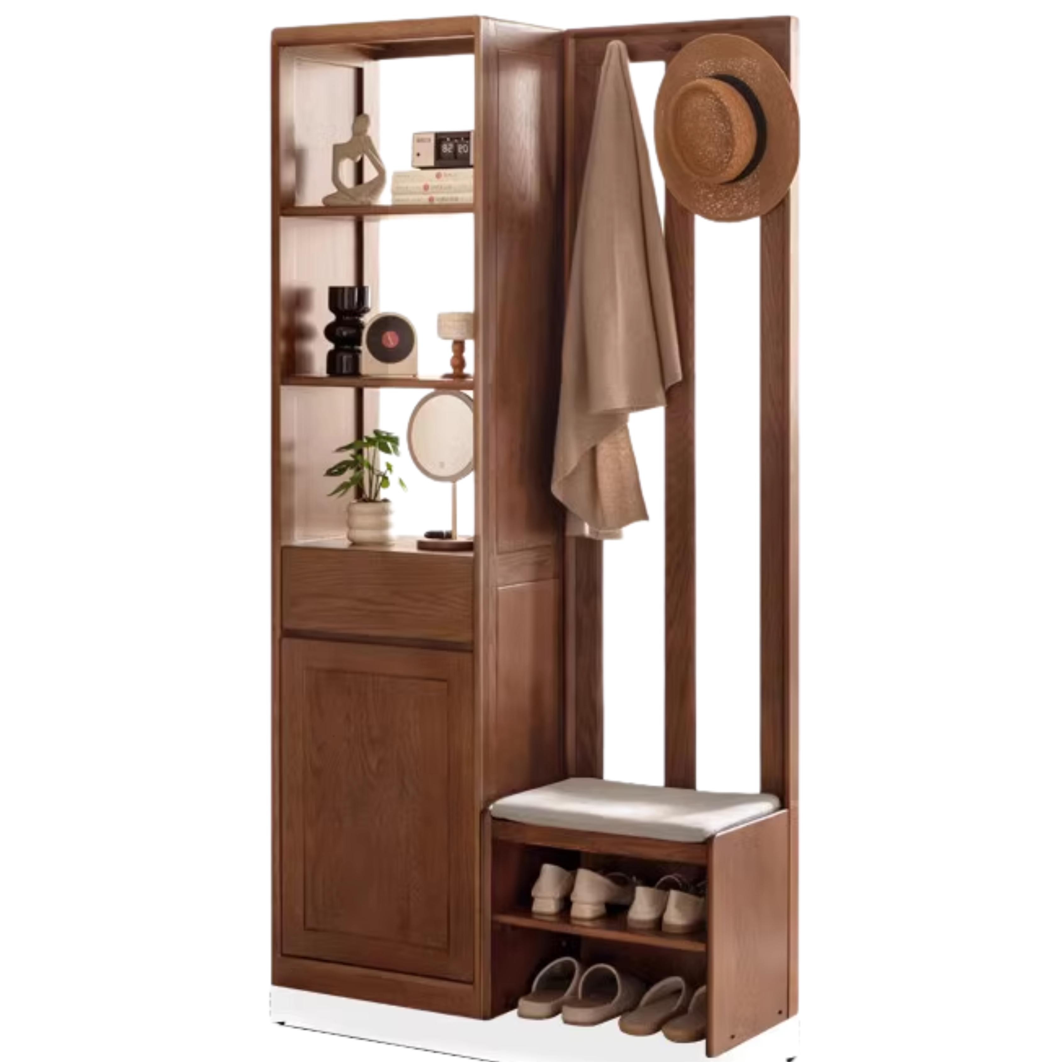 39.4x13.7x74.8 inch/ 100x35x190 cm/ Walnut Color/ Entrance Cabinet + White Linen Shoe Changing Stool & Clothes Hanger Storage Rack
