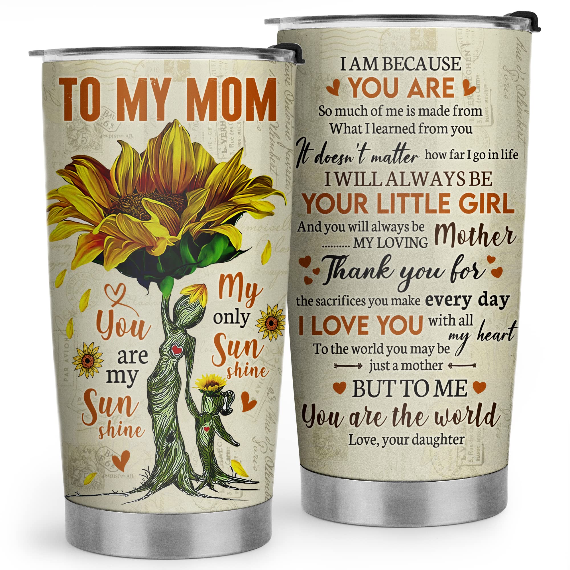 20oz Stainless Steel Tumbler with Sunflower Design - Perfect Gift for Mom from Daughter - Birthday, Christmas & Valentine's Day Present - Ideal for Coffee, Tea & Cold Drinks at Home, Office or Travel