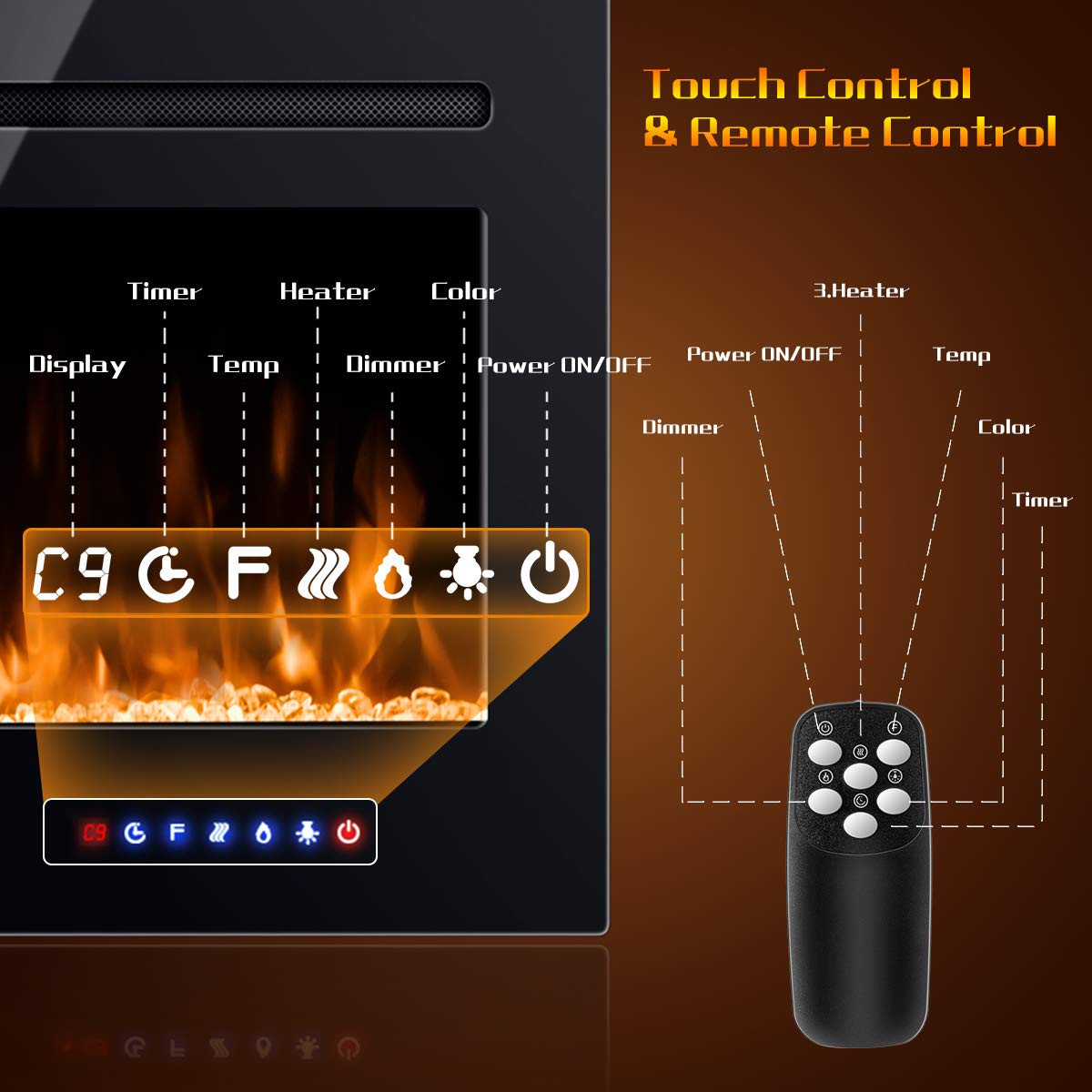 COSTWAY 36-Inch Electric Fireplace Insert - 750W/1500W Recessed Wall Mount Fireplace with Remote Control, 9 Flame Colors & 5 Brightness Settings, 8-Hour Timer - Indoor Fireplace Heater for Living Room, Bedroom & Office