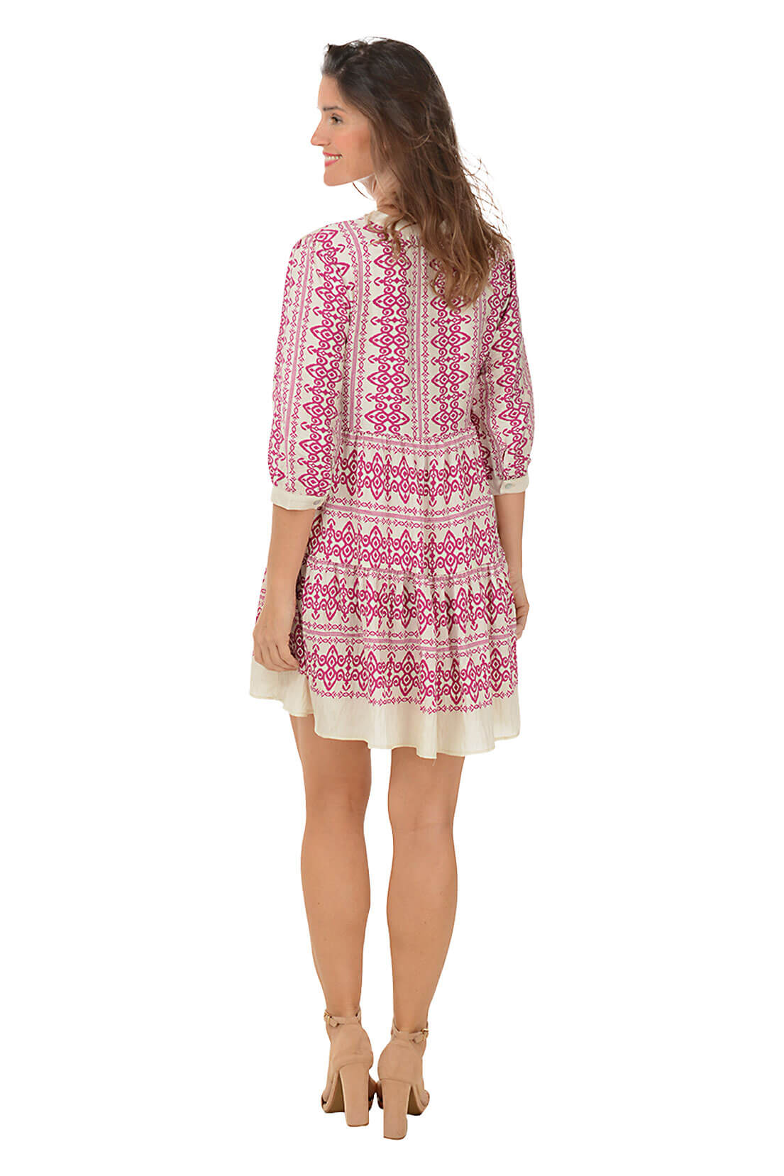 Magenta Bohemian 3/4 Sleeve Tiered Maxi Dress for Women - Perfect for Beach Vacations, Music Festivals & Summer Parties