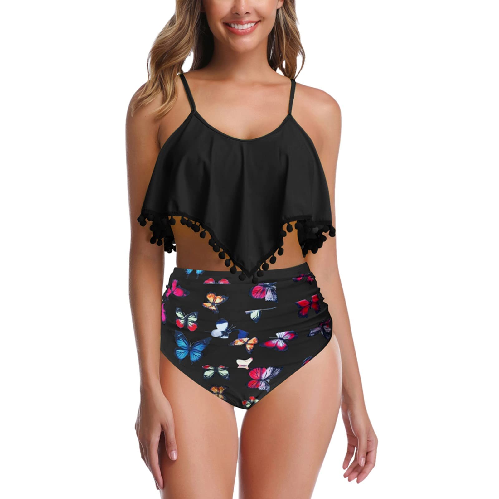 Plus Size Women's Printed Ruffle Tassel Two Piece Bikini Swimsuit - High Waisted Bathing Suit for Beach, Pool & Summer Vacation