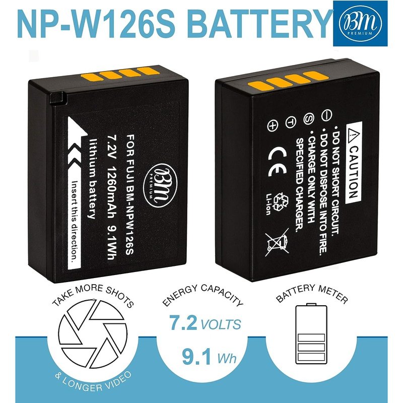 BM Premium NP-W126S Replacement Battery & Charger Kit for Fujifilm X-T30, X-T3, X-T4, X-Pro3 - High Capacity Lithium-Ion Power Solution for Travel & Photography