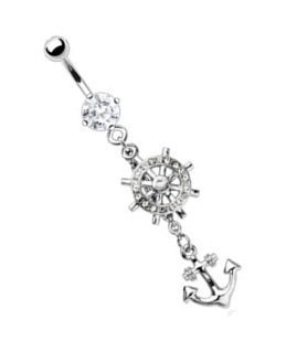 Body Accentz® 3316L Surgical Steel Heart Gem Dangle Anchor Belly Ring - 14G 3/8