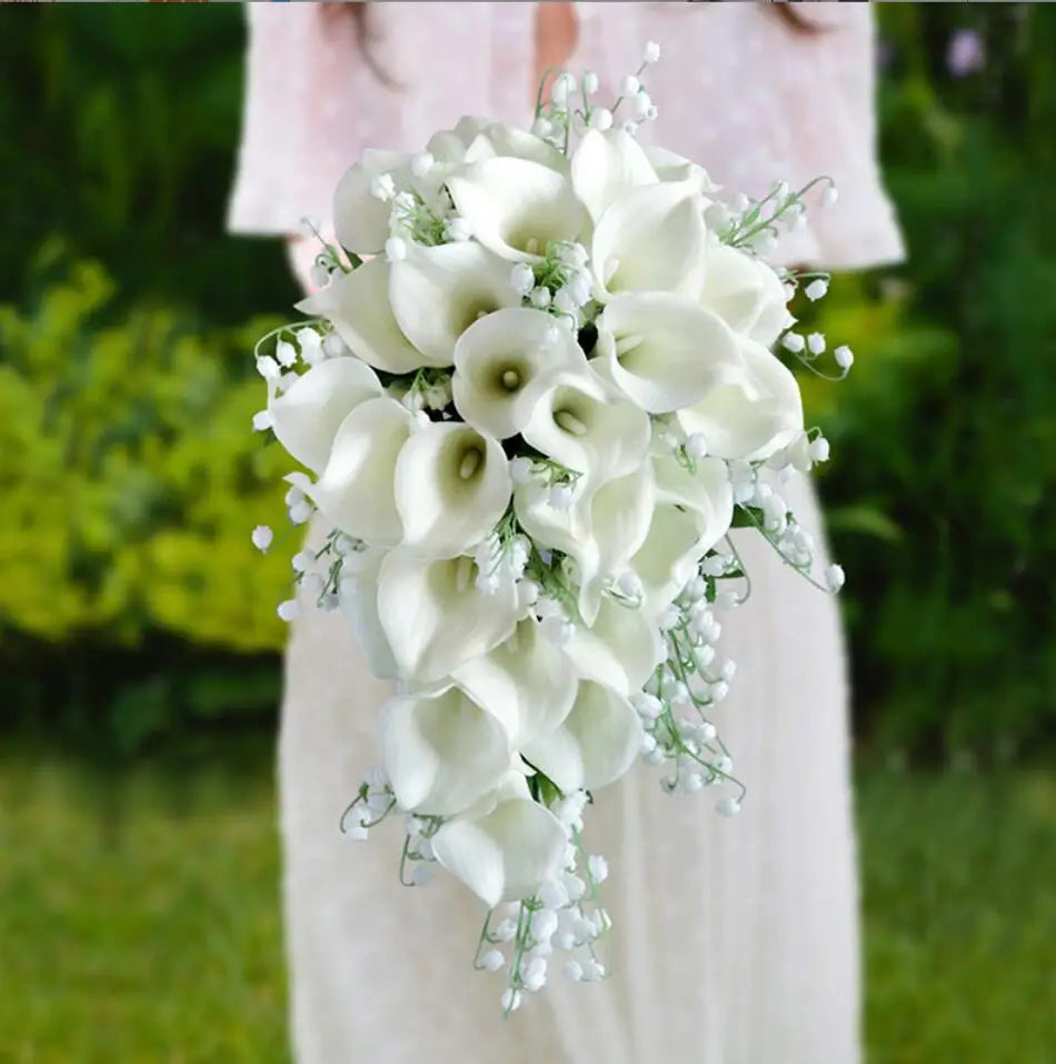 AYiCuthia Royal White Waterfall Bridal Bouquet - Artificial Silk Flowers with Pearls for Wedding, Bridal Shower & Home Decor