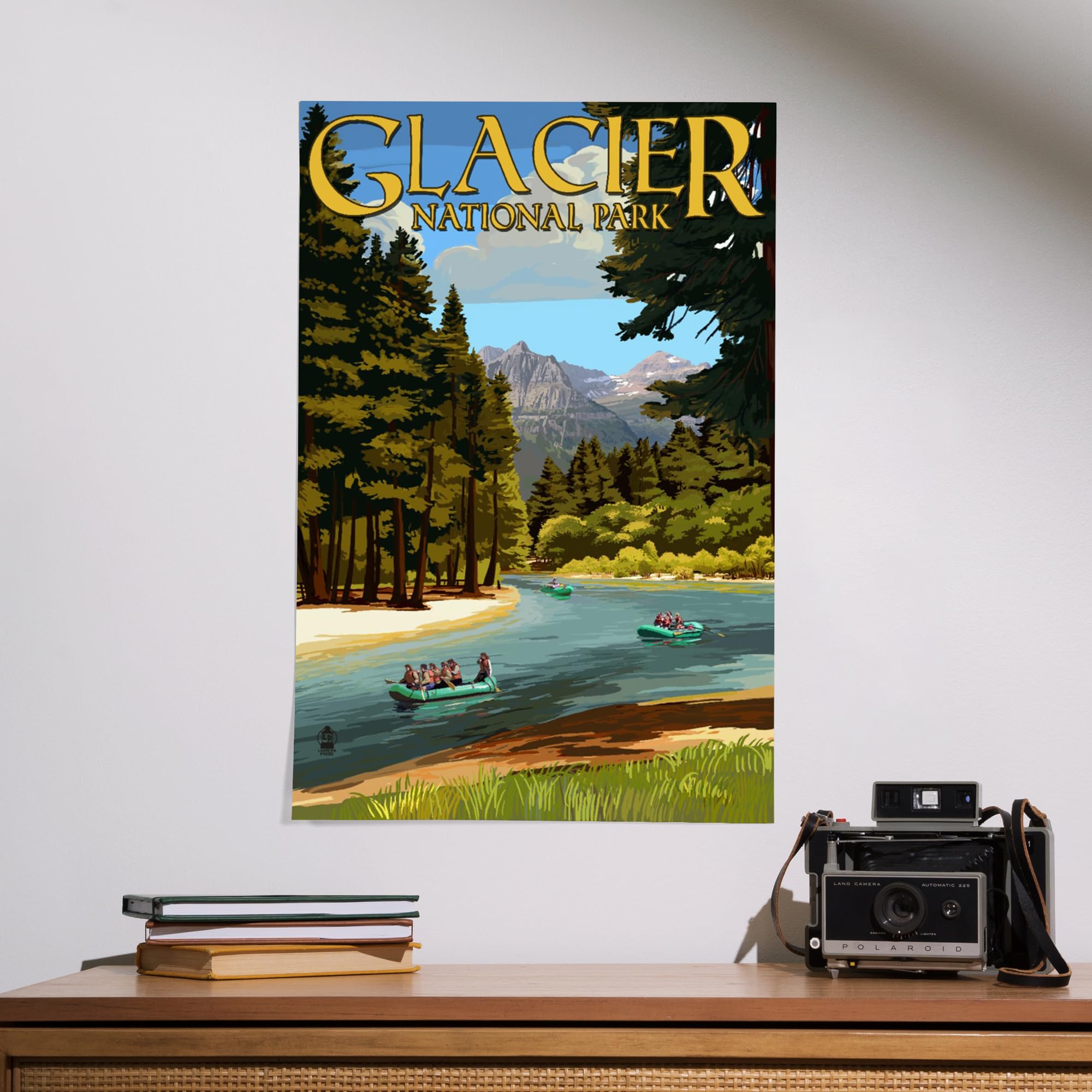 Lantern Press 16x24 Inch Giclee Art Print - Glacier National Park Montana Landscape with River Rafting Scene - Perfect for Home Decor, Office Wall Art & Nature Lover Gifts