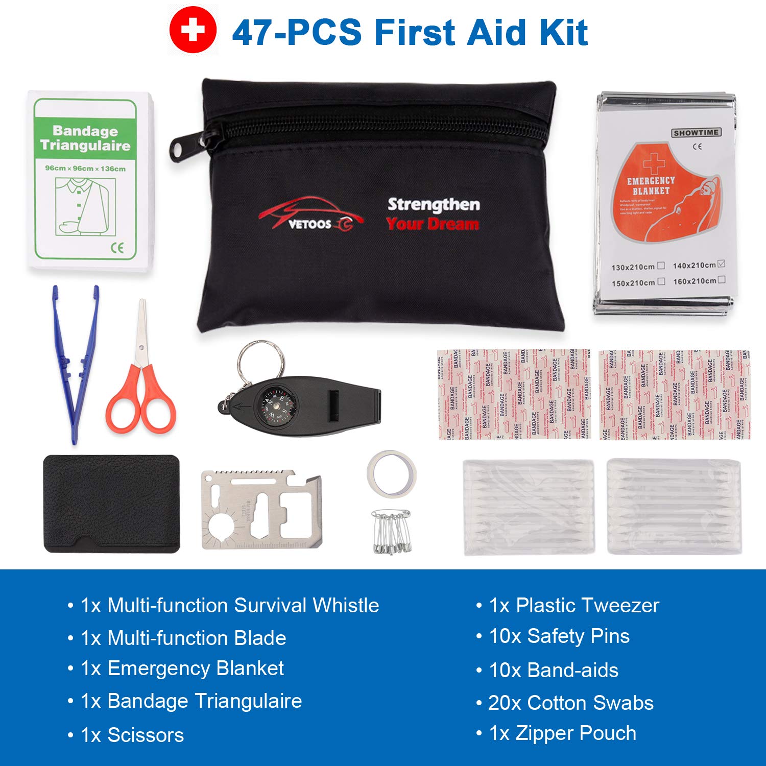 Vetoos 120-Piece Roadside Emergency Car Kit with Jumper Cables, Tire Pressure Gauge & Mini Tools - Auto Safety Essentials for Winter & All Seasons - Perfect for Road Trips, Commuting & Vehicle Emergencies