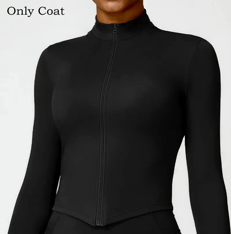 Women's Long Sleeve Quick Dry Yoga Outfit Set - Nude Zippered Sport Coat & Shorts for Fitness, Running & Workouts | Moisture-Wicking Activewear for Gym, Yoga & Outdoor Sports