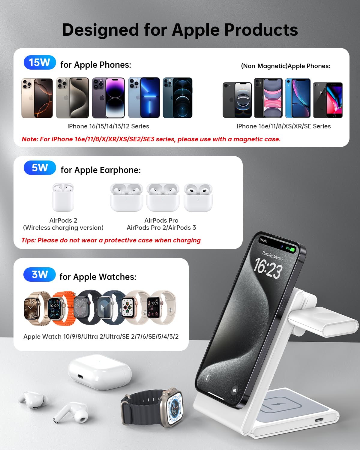3-in-1 Magnetic Foldable Wireless Charging Station with 20W Fast Charger - Compatible with iPhone 16/15/14/13/12, Apple Watch 10/Ultra 2 & AirPods - Space Gray | Perfect for Home, Office & Travel Charging Needs