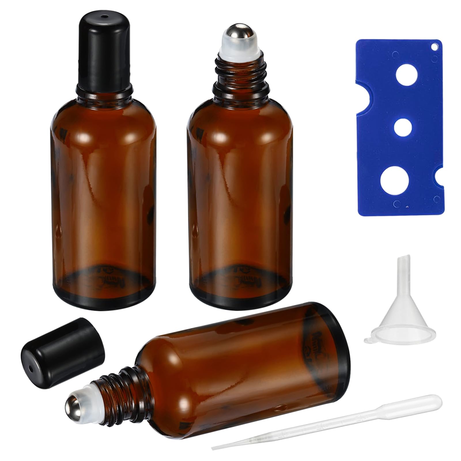 50ML Essential Oil Roller Bottles 3 Pack - Amber Glass Roll On Bottles with Stainless Steel Balls for Perfume, Aromatherapy & DIY Blends - Includes Opener, Funnel & Dropper - Perfect for Travel, Home Use & Gift Giving