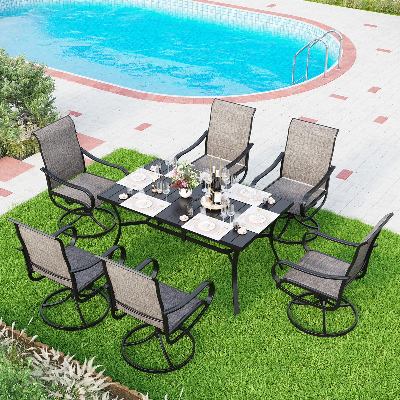 MFSTUDIO 7-Piece Outdoor Dining Set - 6 Swivel Chairs & Steel Table with Umbrella Hole | Patio Furniture for Backyard, Garden, Poolside | Durable Metal Frame & Weather-Resistant Sling Seating