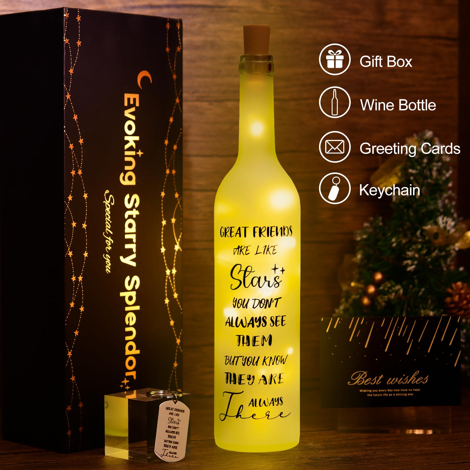 Christmas Lamp - USB Powered Wine Bottle Light Decor, Friendship Theme Gift for Women, Best Friend Birthday Idea with Keychain, Perfect for Home, Office, and Party Decorations