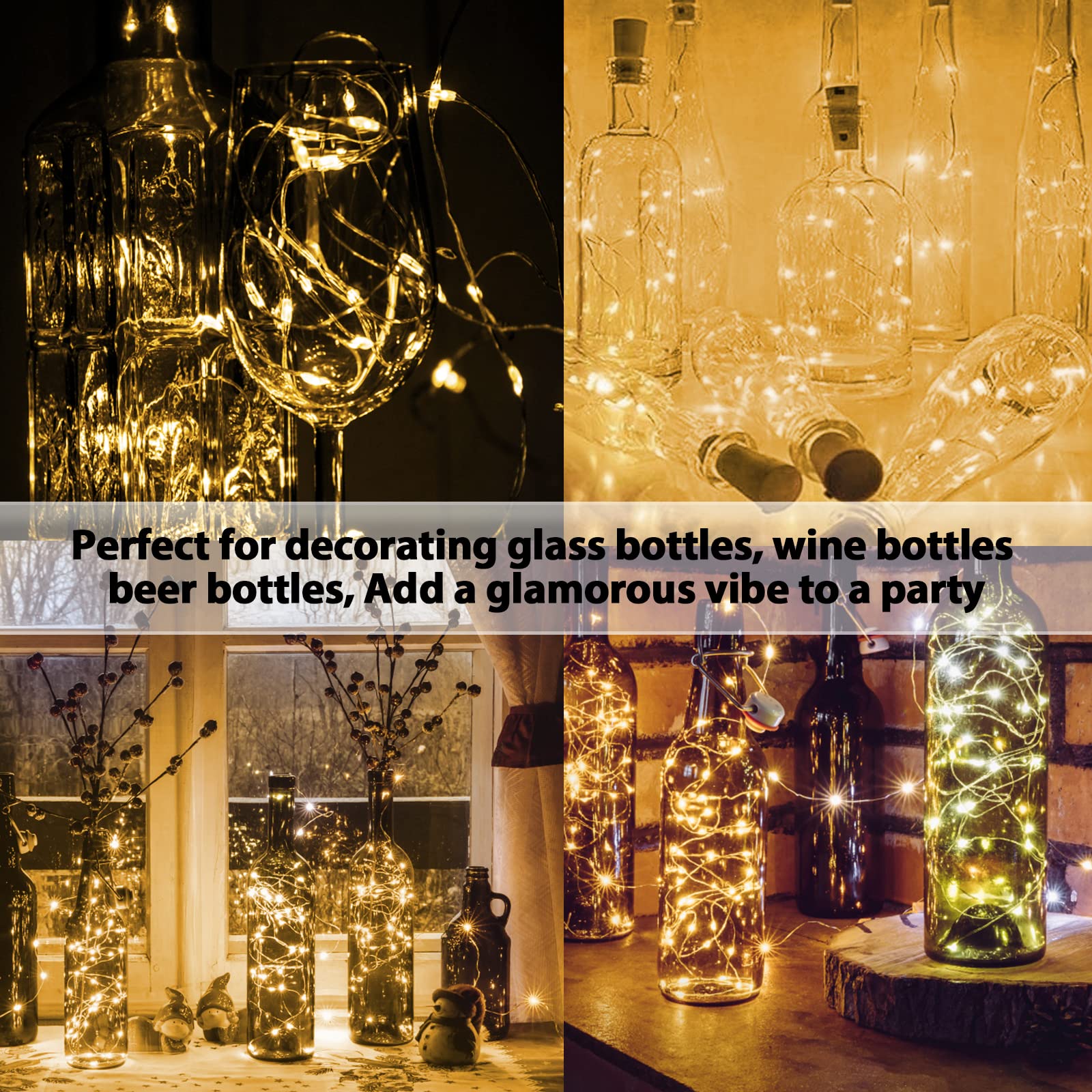 Jsdoin 2M 20 LED Cork Bottle Lights - 3 Pack Warm White Fairy String Lights Battery Operated for Wine Bottles, DIY Table Centerpieces - Perfect for Christmas Parties, Weddings, Home & Outdoor Decorations