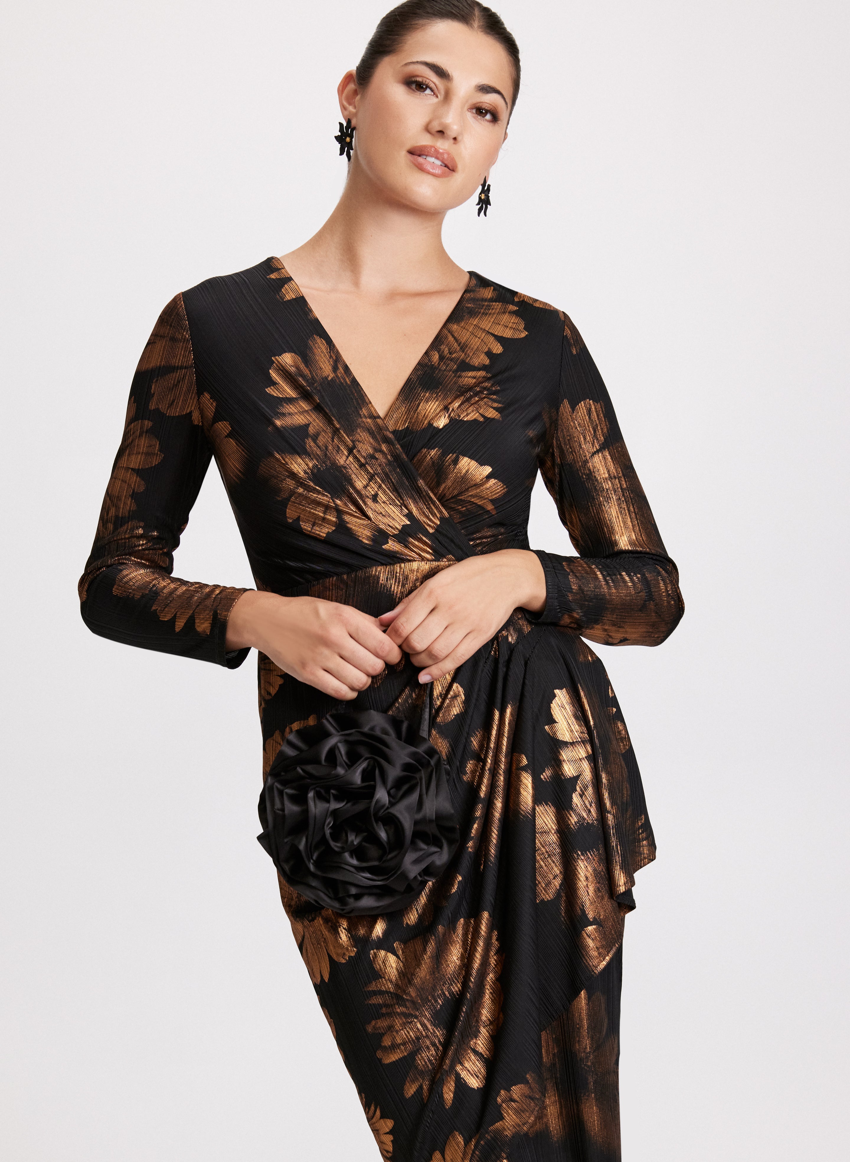 Elegant Floral Print Dress with Metallic Details - Perfect for Weddings, Parties & Special Occasions
