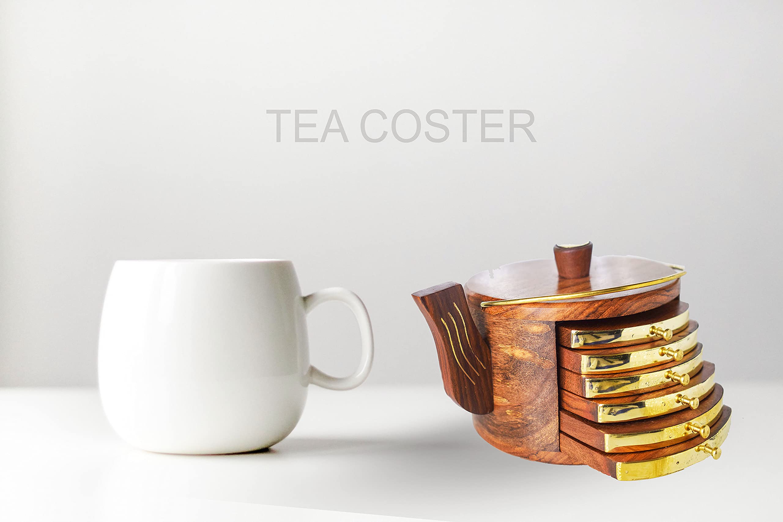 Premium Wooden Kettle-Shaped Coasters Set of 6 - Natural Wood Drink Coasters for Tea Cups, Coffee Mugs & Beer Glasses - Elegant Bar & Table Protection - Perfect for Home, Office & Restaurant Use