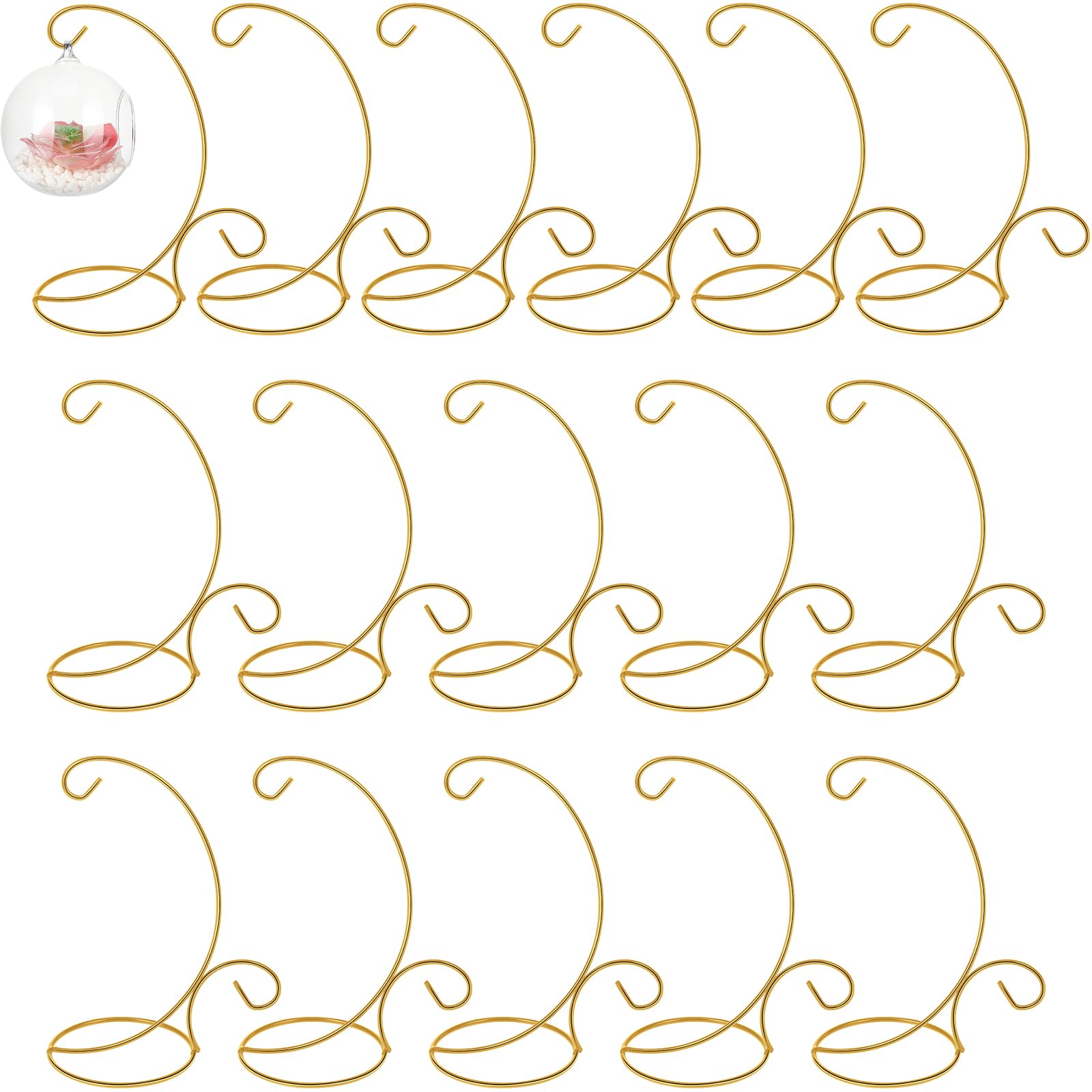 Tandefio 16 Pcs 9 Inch Gold Iron Hanging Display Stand - Christmas Ornament Holder for Glass Globes, Air Plants, Terrariums - Perfect for Holiday Decor, Table Centerpieces & Home Decoration