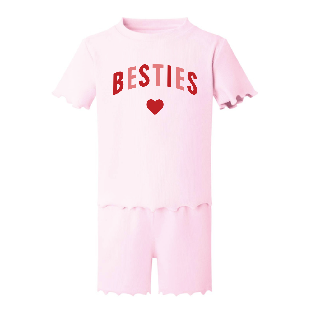 Besties Love Hearts Rib T-Shirt & Short Set - Matching Outfits for Best Friends | Perfect for Casual Wear, Sleepovers, and Photo Shoots