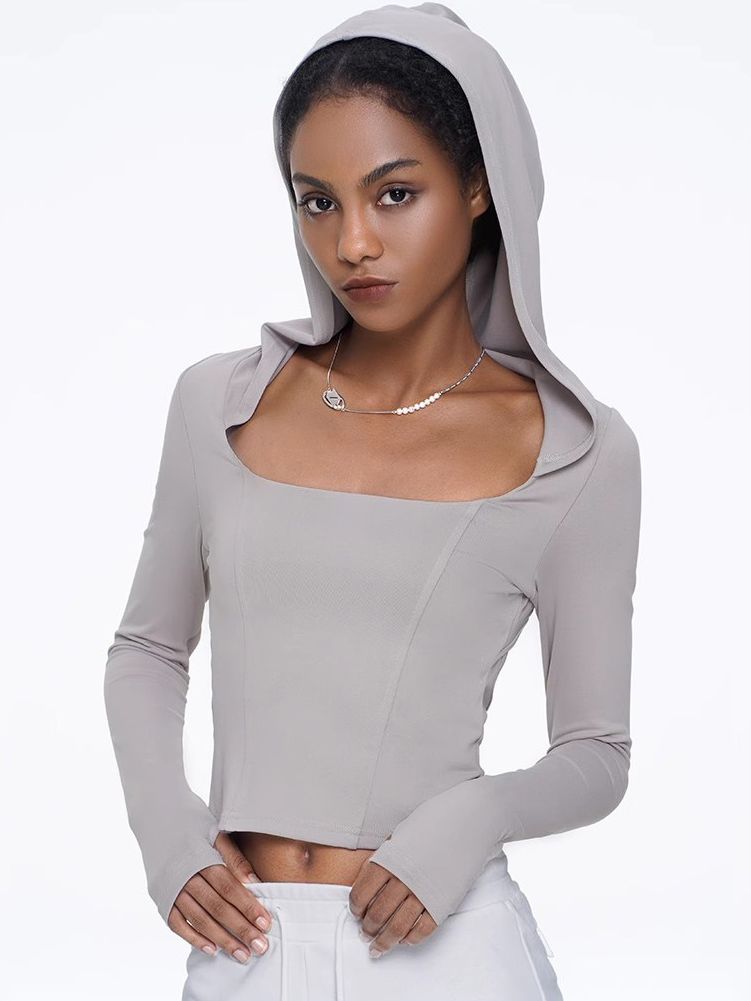 ZASUWA Women's Solid Color Hollow Out Hooded Elastic Tight Long Sleeve Tops - Perfect for Casual Wear, Workout, and Outdoor Activities