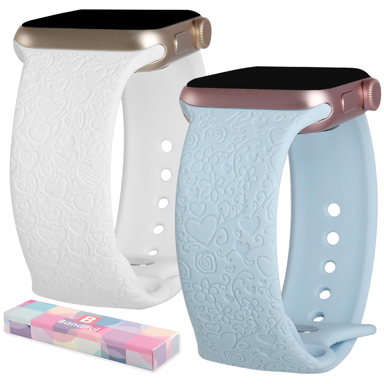 2-Pack Engraved Heart Pattern Apple Watch Bands - Compatible with 38mm 40mm 41mm 42mm 44mm 45mm 49mm - Soft Silicone Strap for iWatch Series 8/7/6/5/4/3/2/1/SE/Ultra - Stylish Unisex Accessory for Workout, Office & Everyday Wear